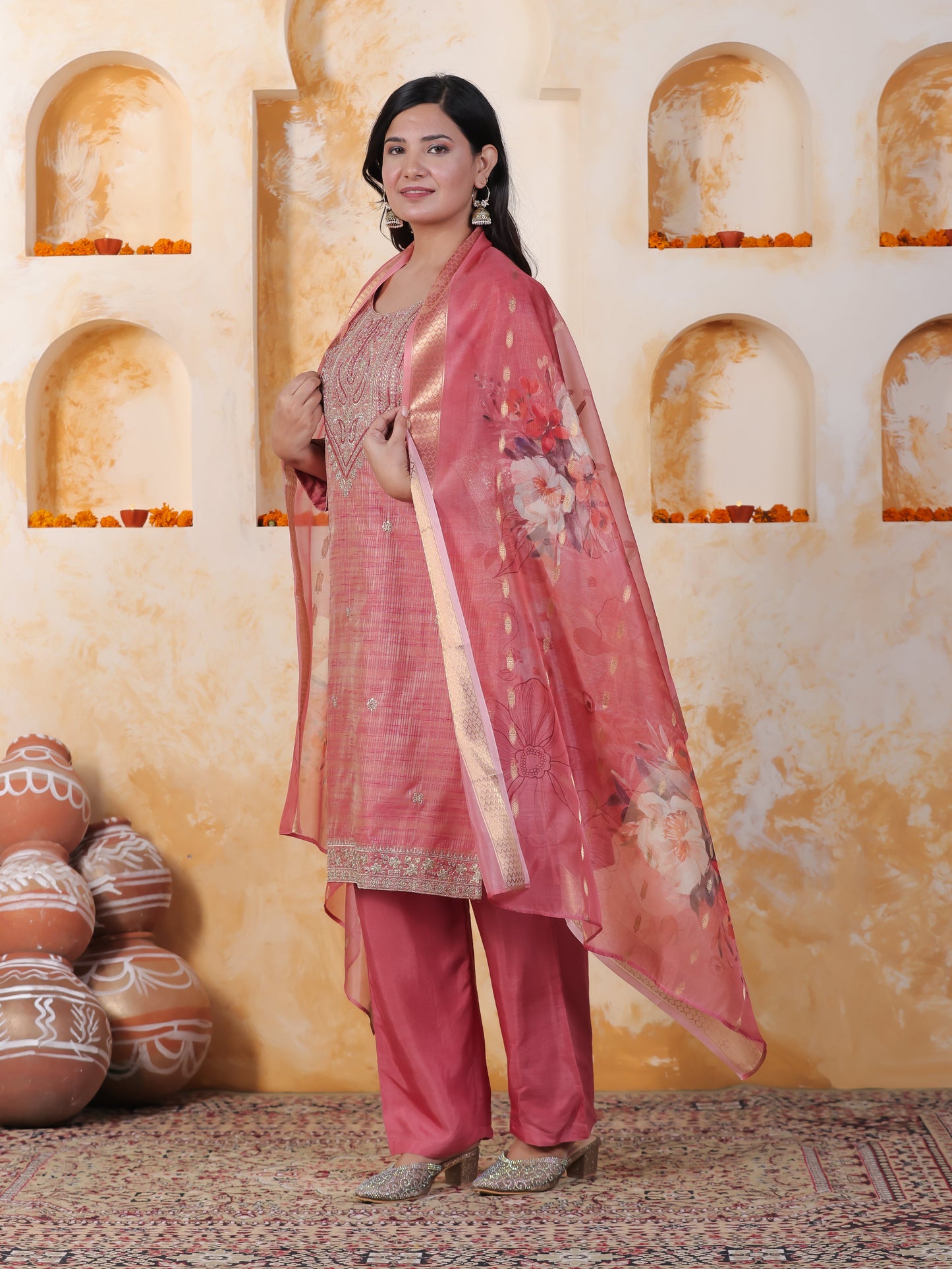 Zari Pink Chinon Chiffon Straight Kurta