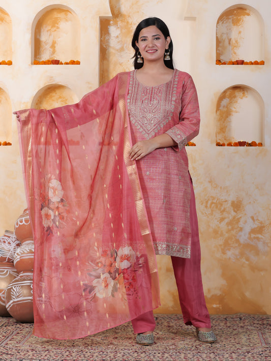 Zari Pink Chinon Chiffon Straight Kurta