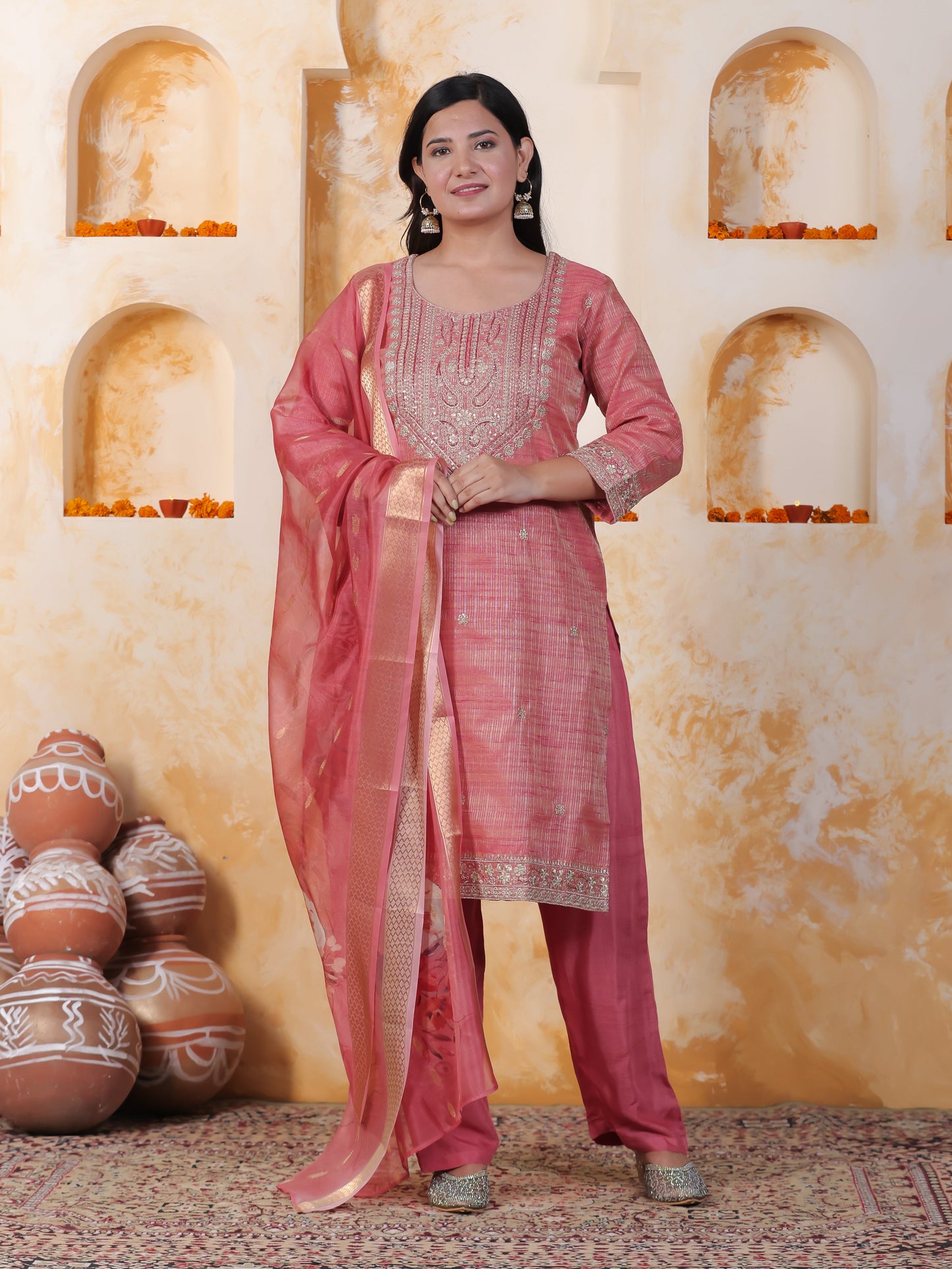 Zari Pink Chinon Chiffon Straight Kurta