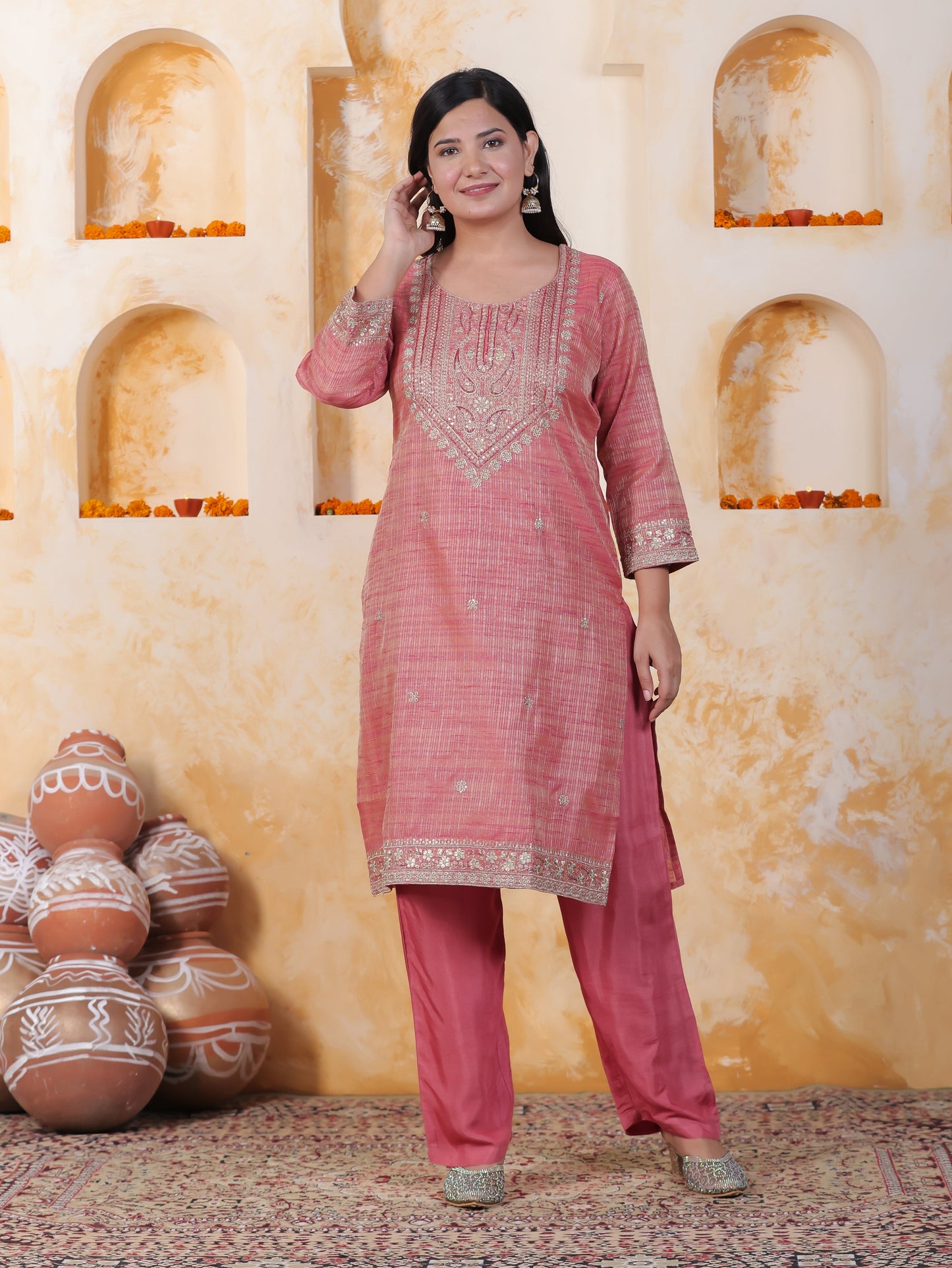 Zari Pink Chinon Chiffon Straight Kurta