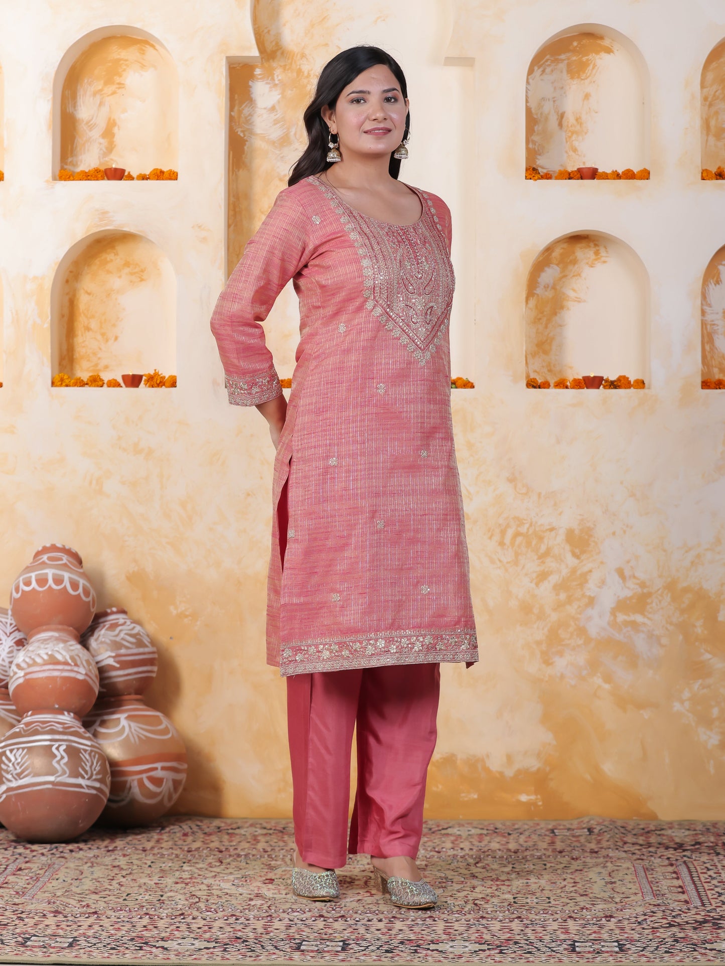 Zari Pink Chinon Chiffon Straight Kurta