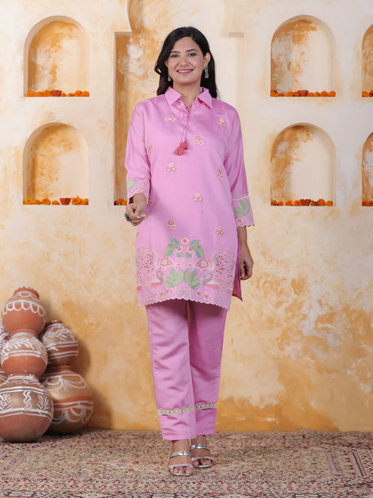 Thread Embroidery Baby Pink Roman silk Straight Kurta