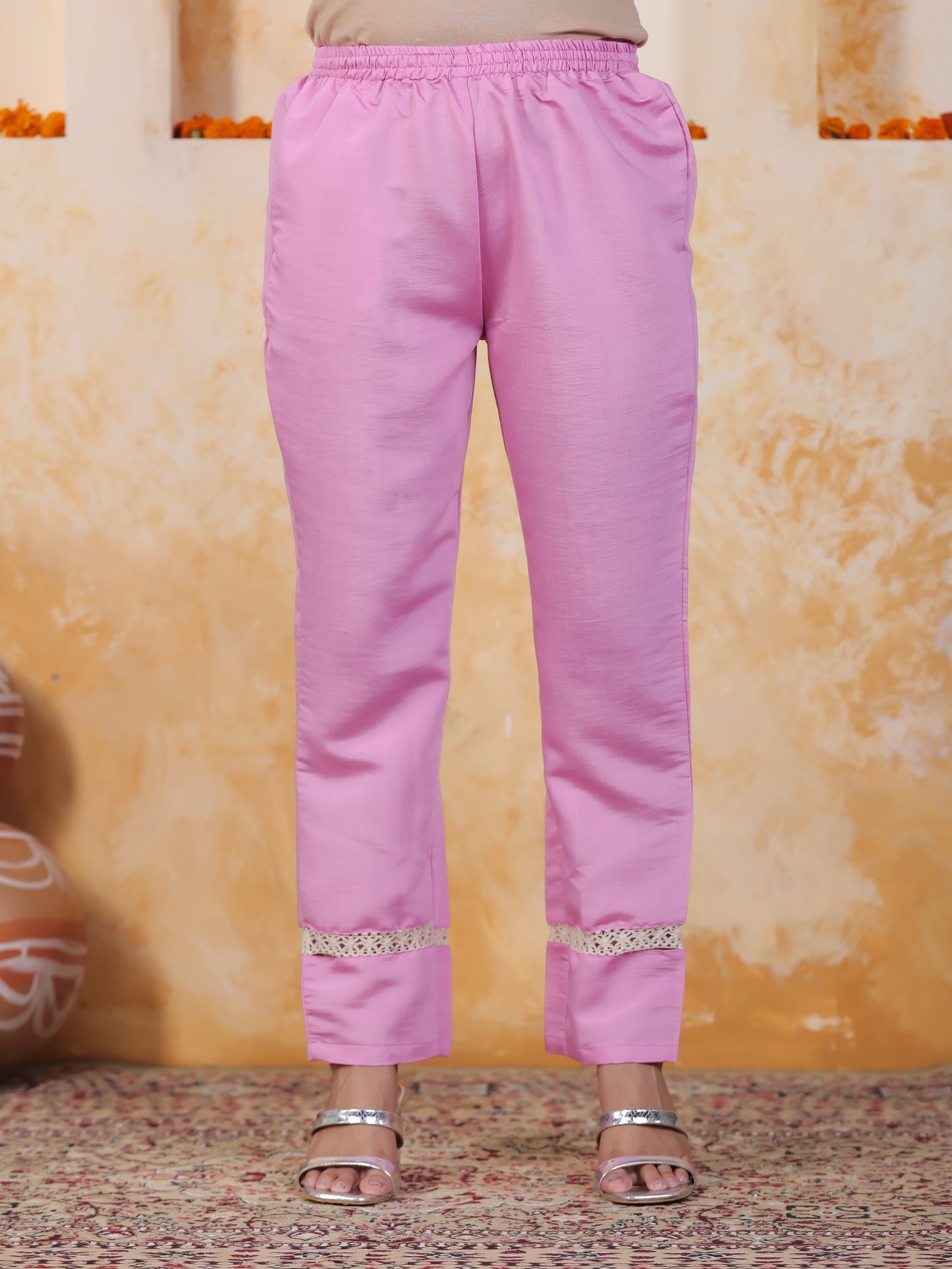 Thread Embroidery Baby Pink Roman silk Straight Kurta