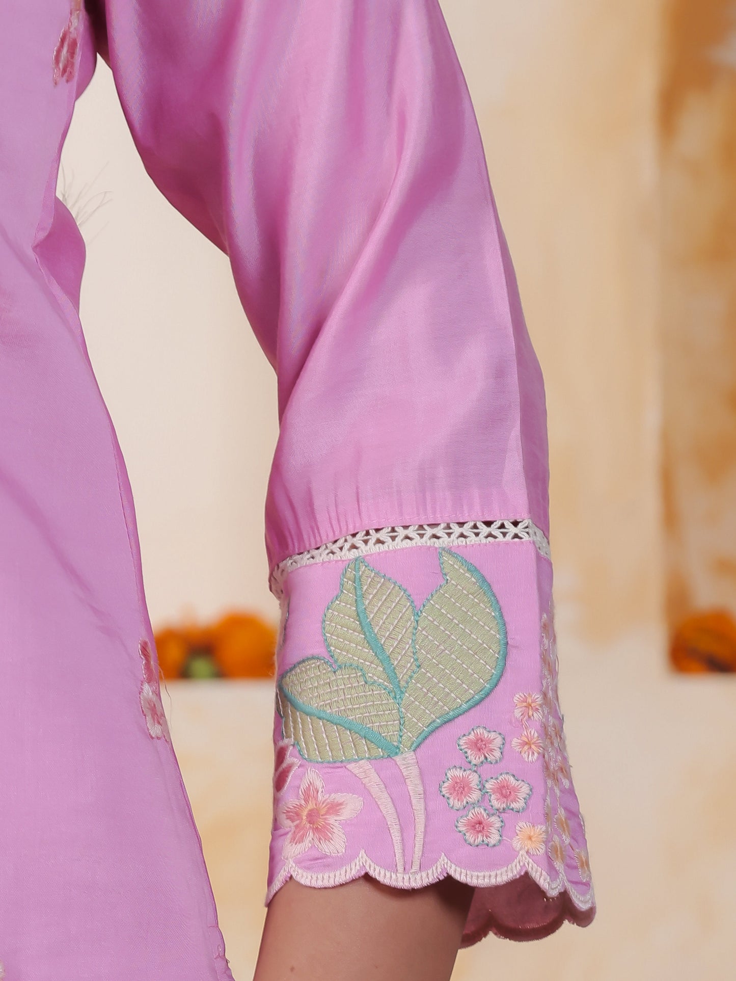 Thread Embroidery Baby Pink Roman silk Straight Kurta