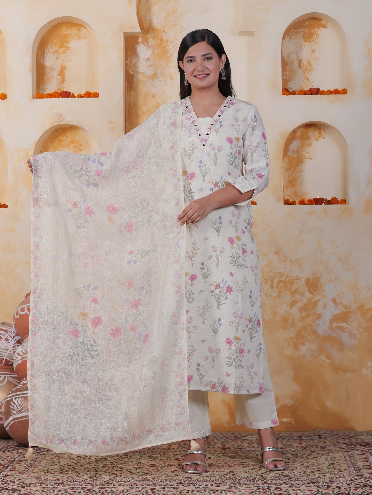 Mirror Work Off White Floral Cotton Blend Straight Kurta