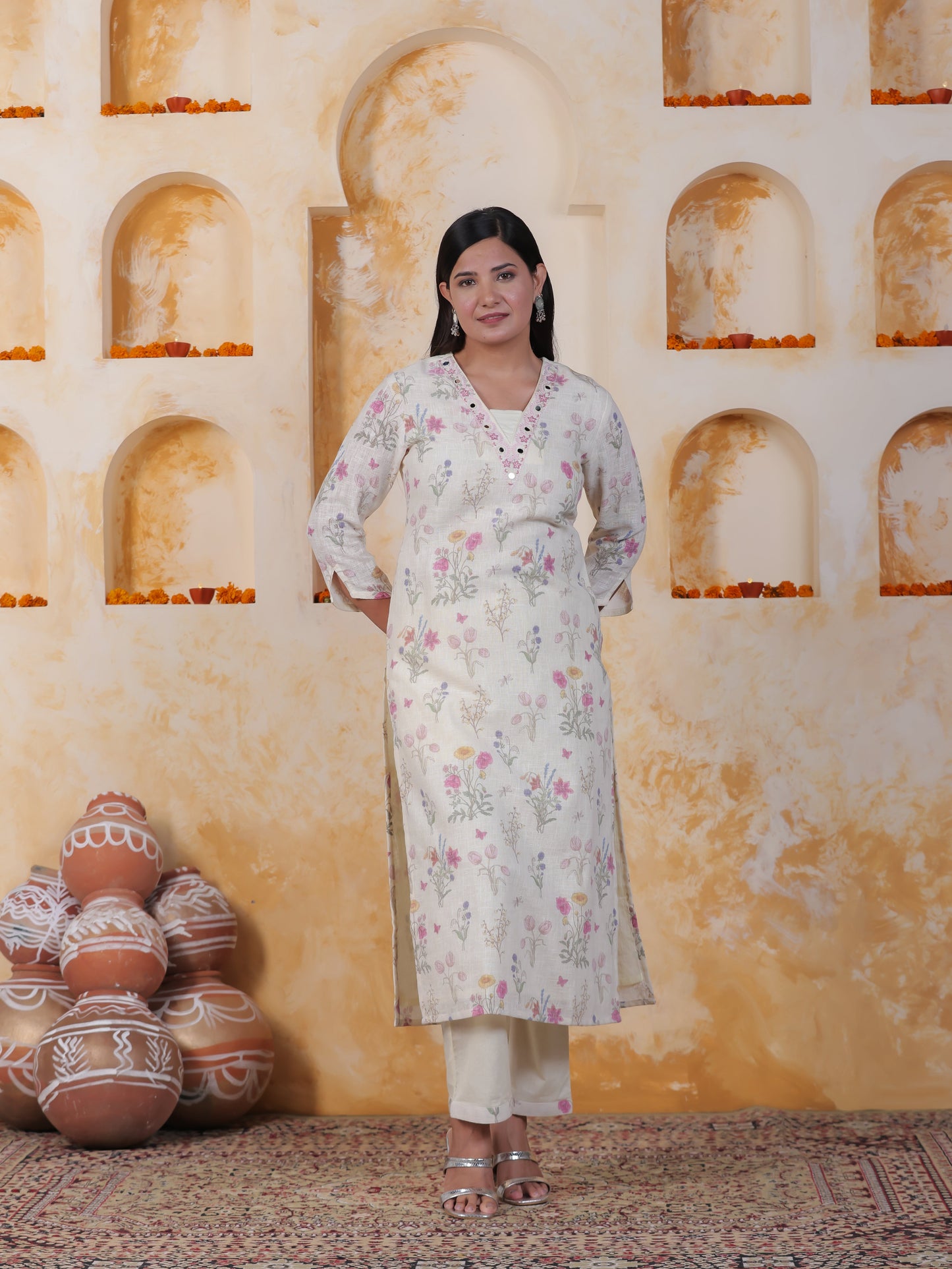 Mirror Work Off White Floral Cotton Blend Straight Kurta
