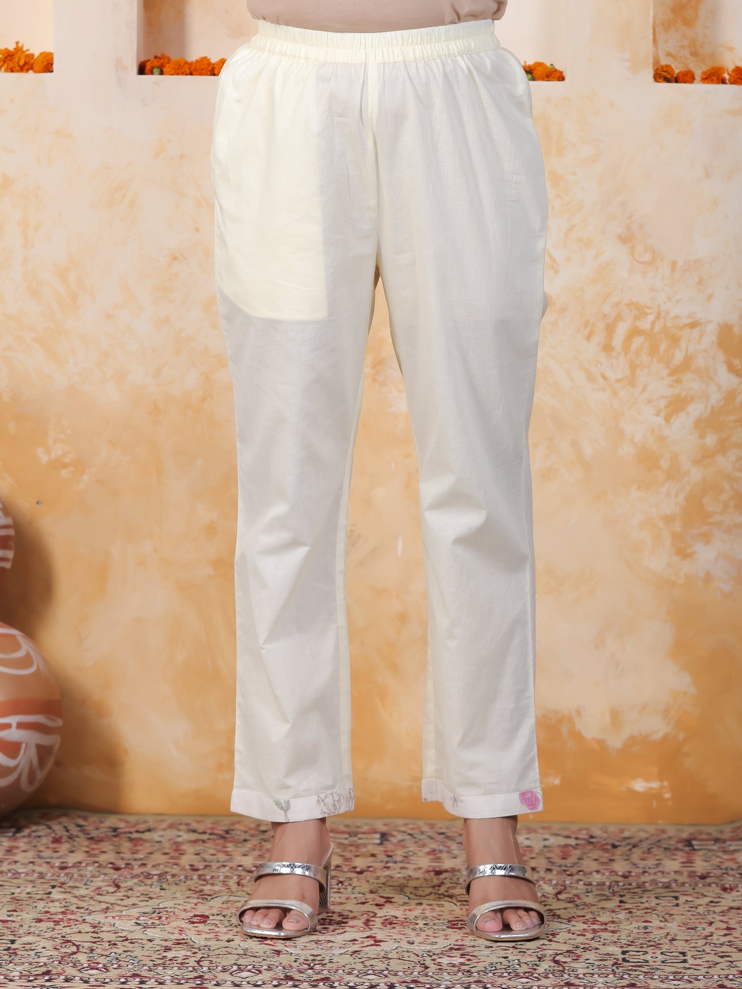 Mirror Work Off White Floral Cotton Blend Straight Kurta