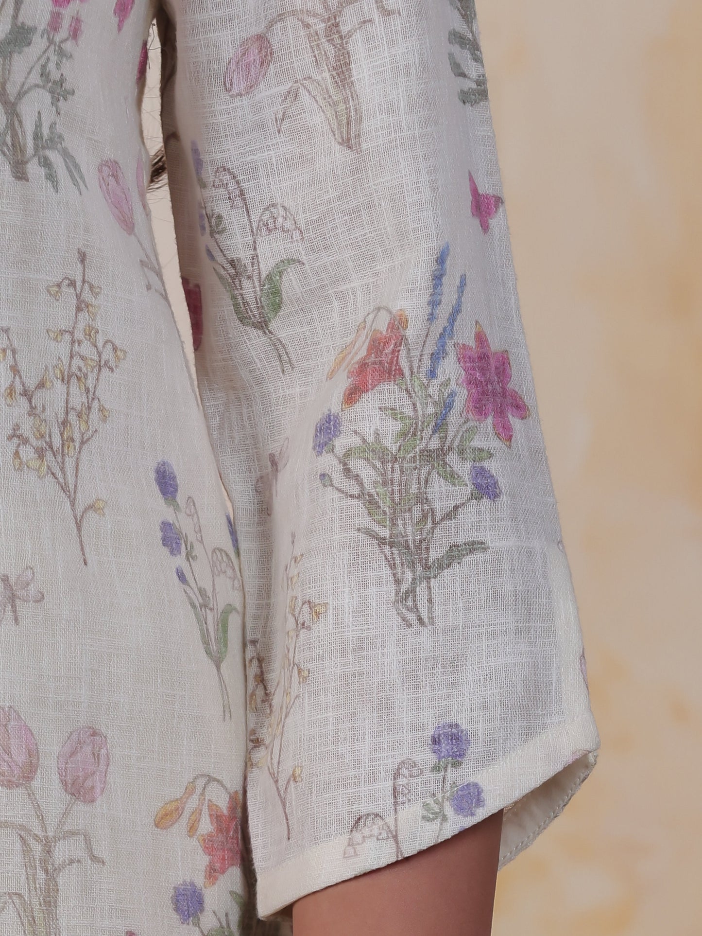 Mirror Work Off White Floral Cotton Blend Straight Kurta