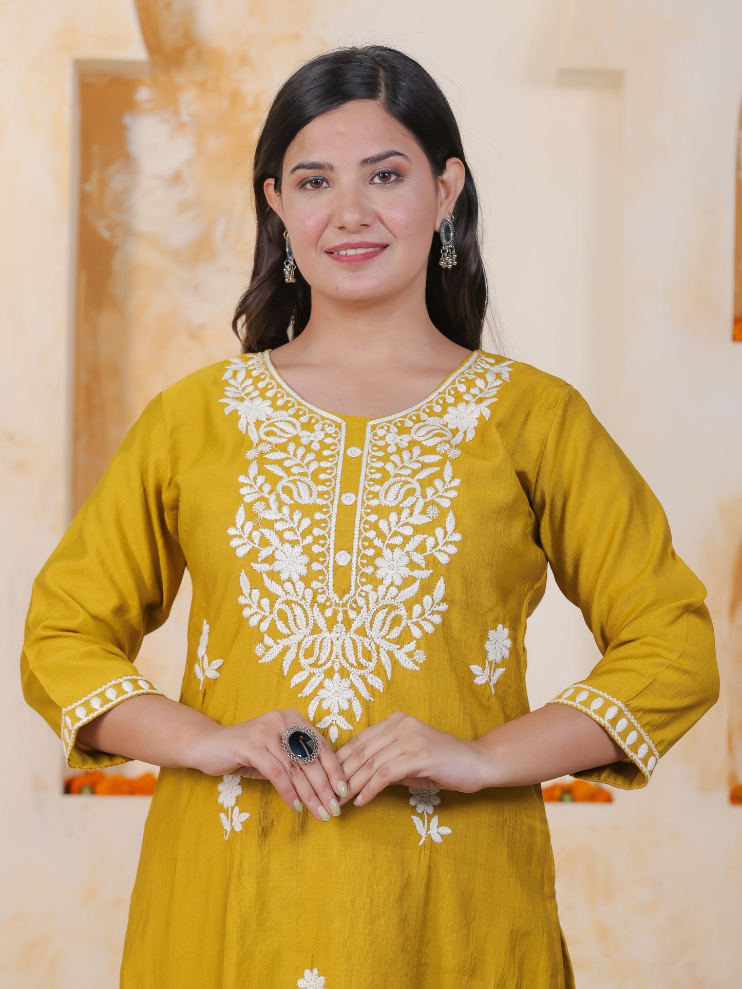Embroidered Mustard Shantoon Straight Kurta