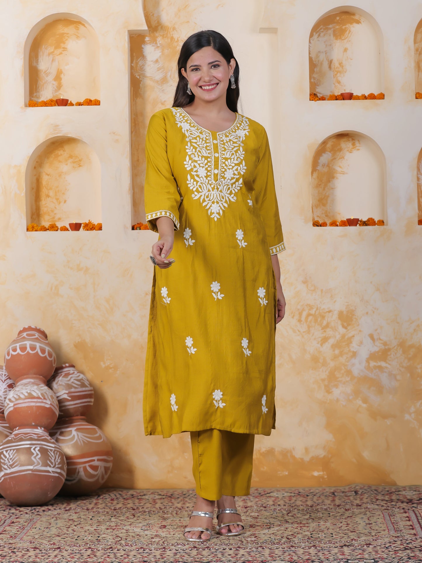 Embroidered Mustard Shantoon Straight Kurta