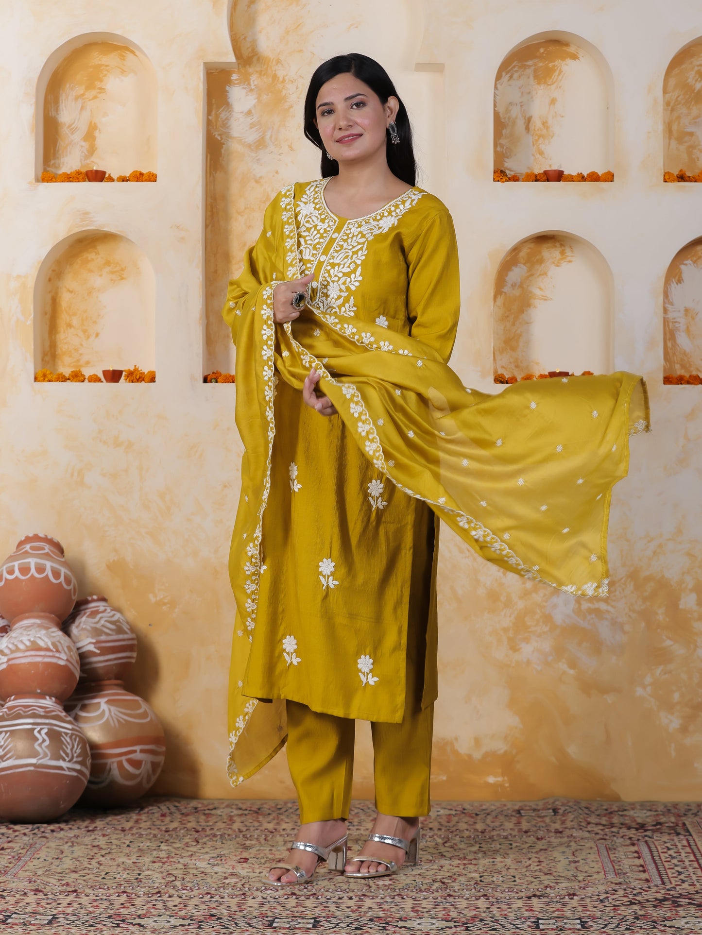 Embroidered Mustard Shantoon Straight Kurta