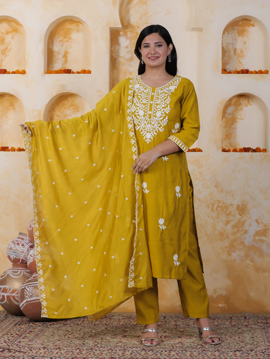 Embroidered Mustard Shantoon Straight Kurta