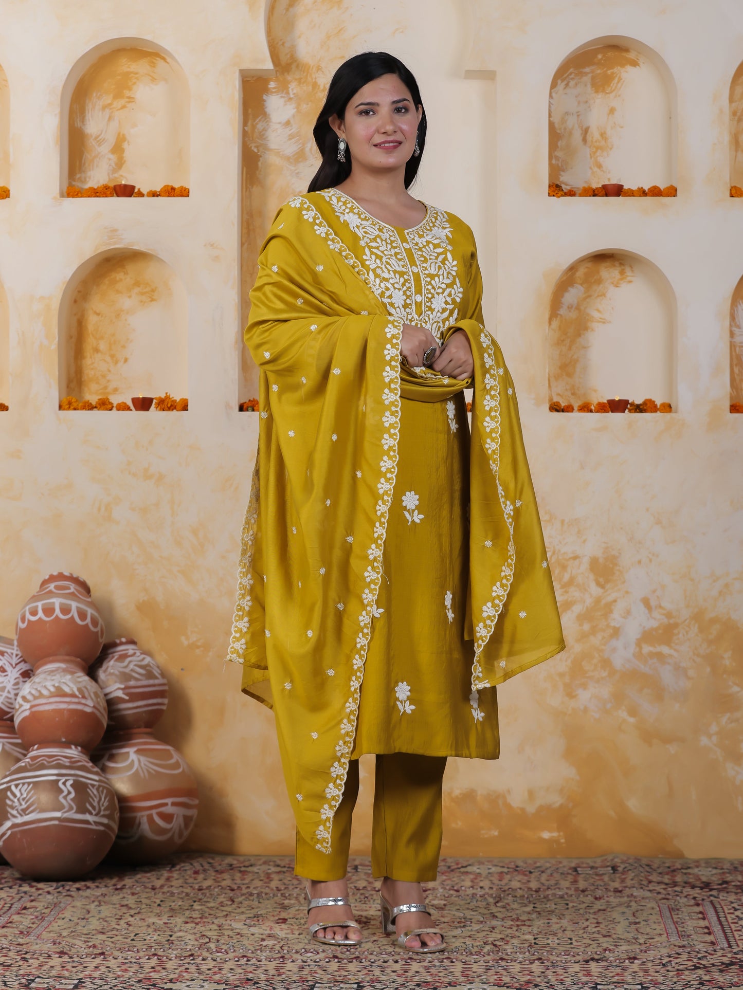 Embroidered Mustard Shantoon Straight Kurta