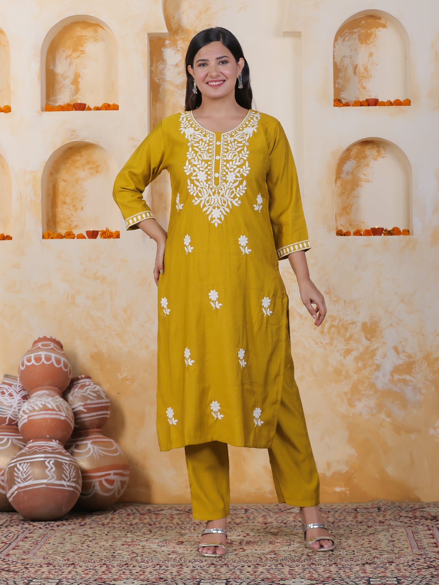 Embroidered Mustard Shantoon Straight Kurta