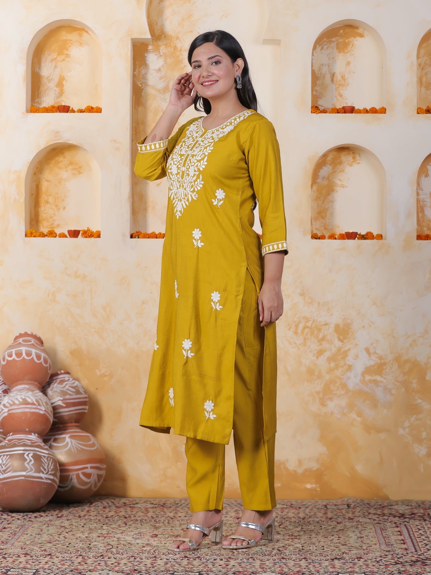 Embroidered Mustard Shantoon Straight Kurta
