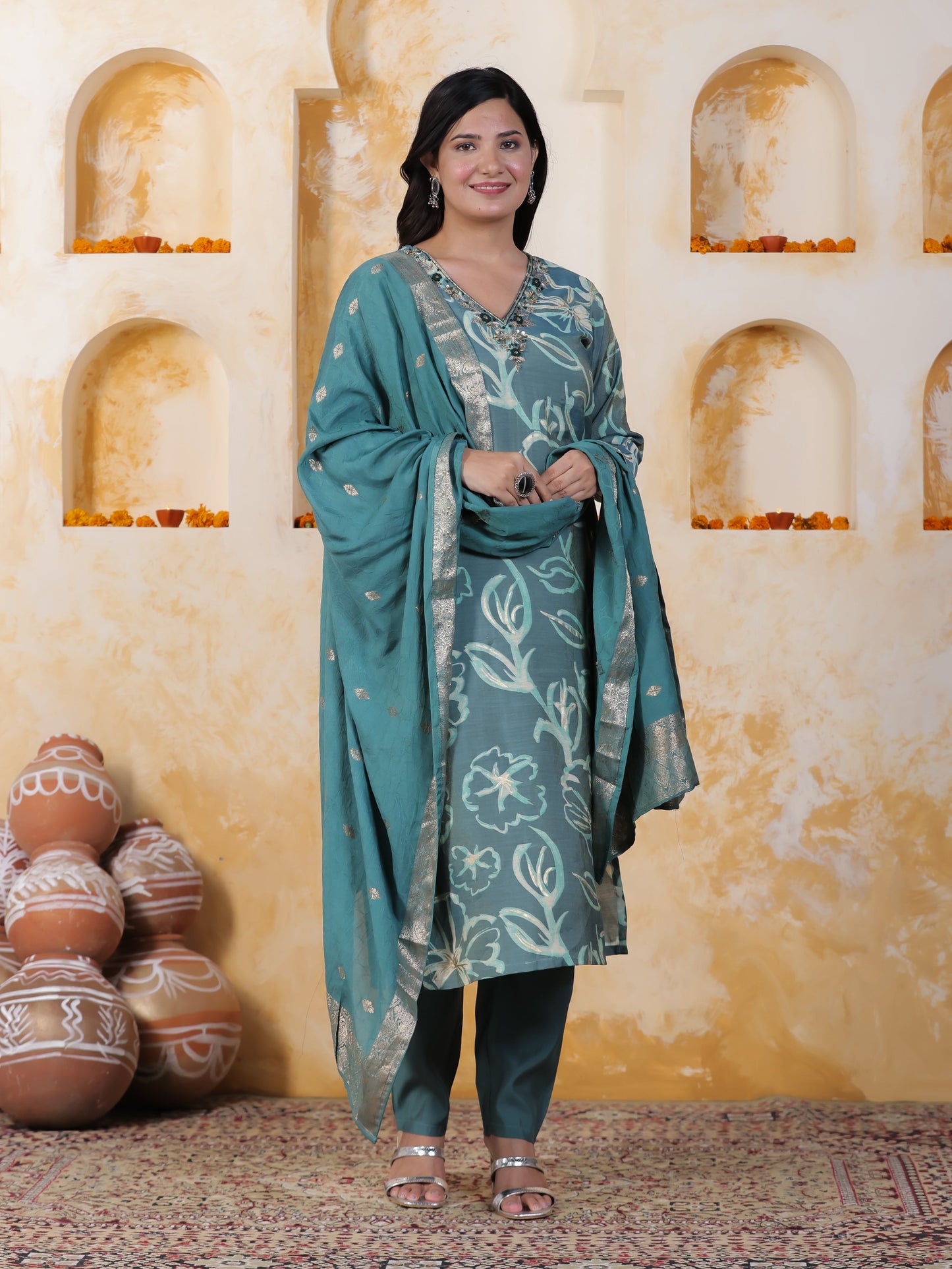 Zari Sea Green Viscose Jacquard Straight Kurta