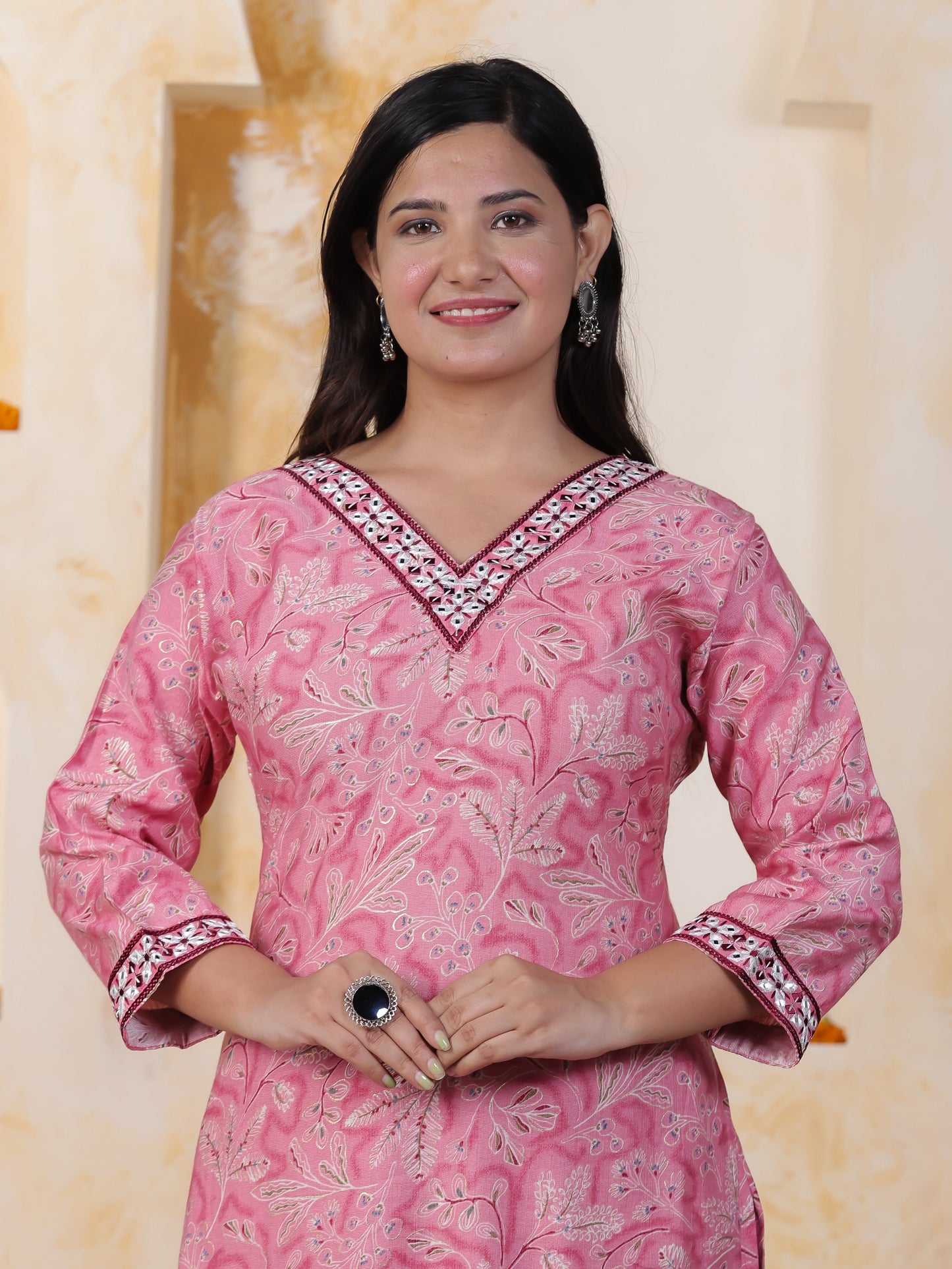 Mirror Work Pink Floral Cotton Blend Straight Kurta