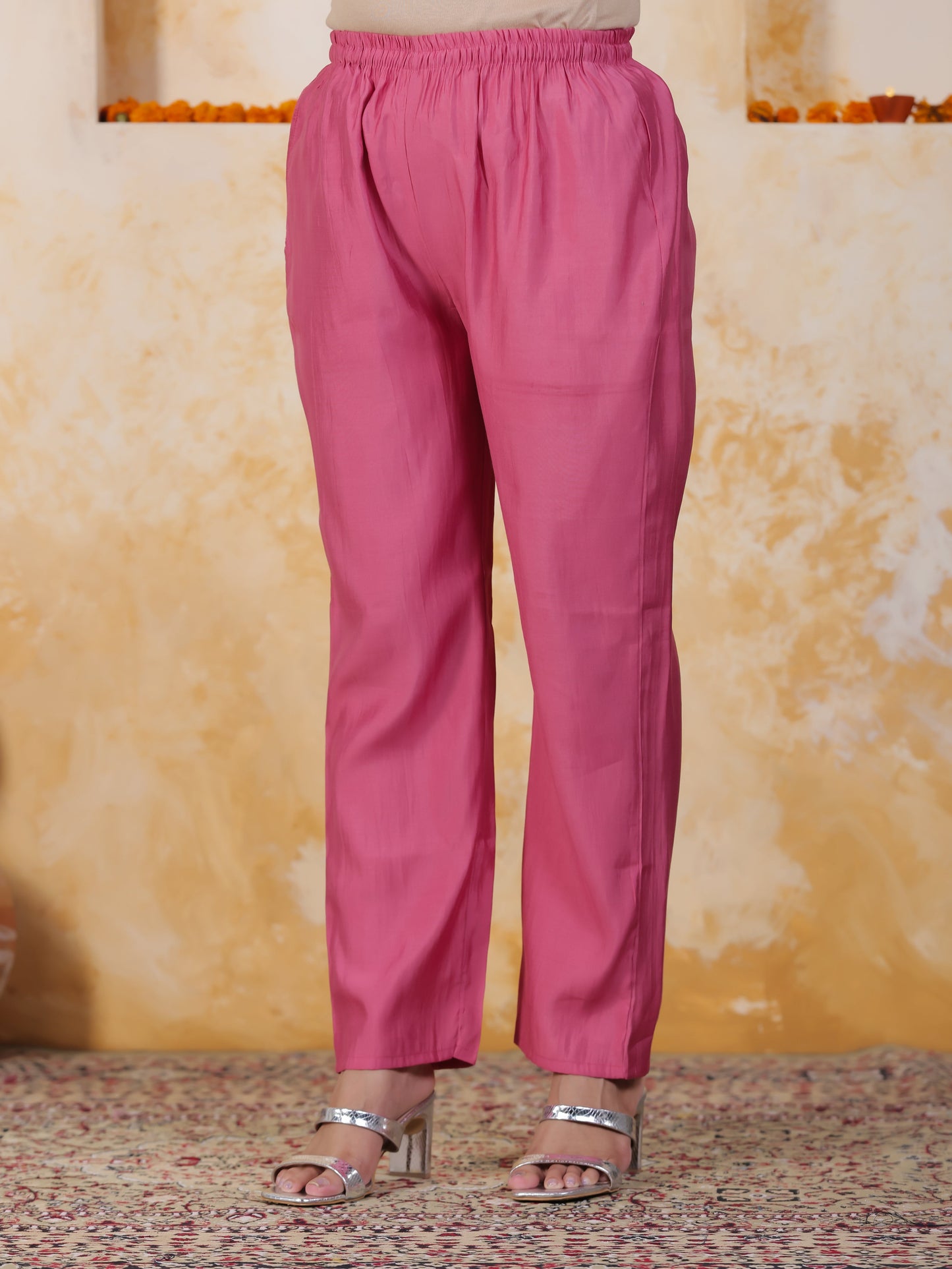 Mirror Work Pink Floral Cotton Blend Straight Kurta