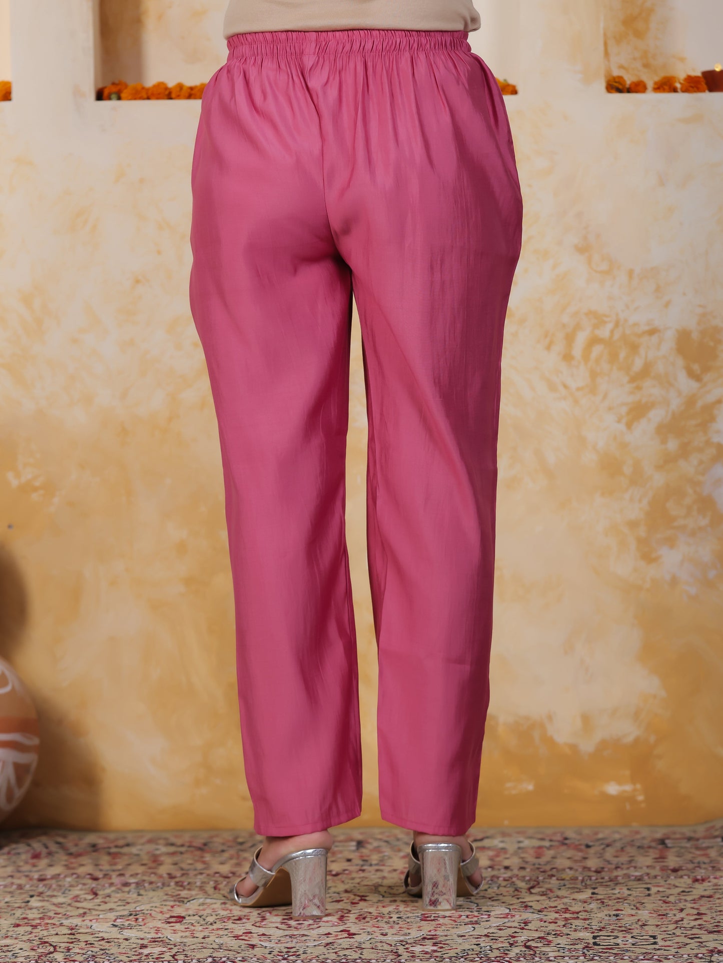 Mirror Work Pink Floral Cotton Blend Straight Kurta