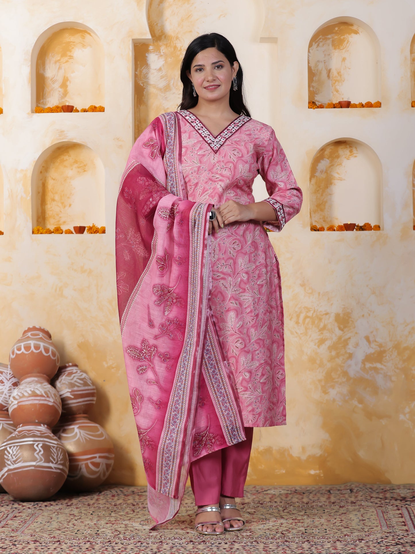 Mirror Work Pink Floral Cotton Blend Straight Kurta
