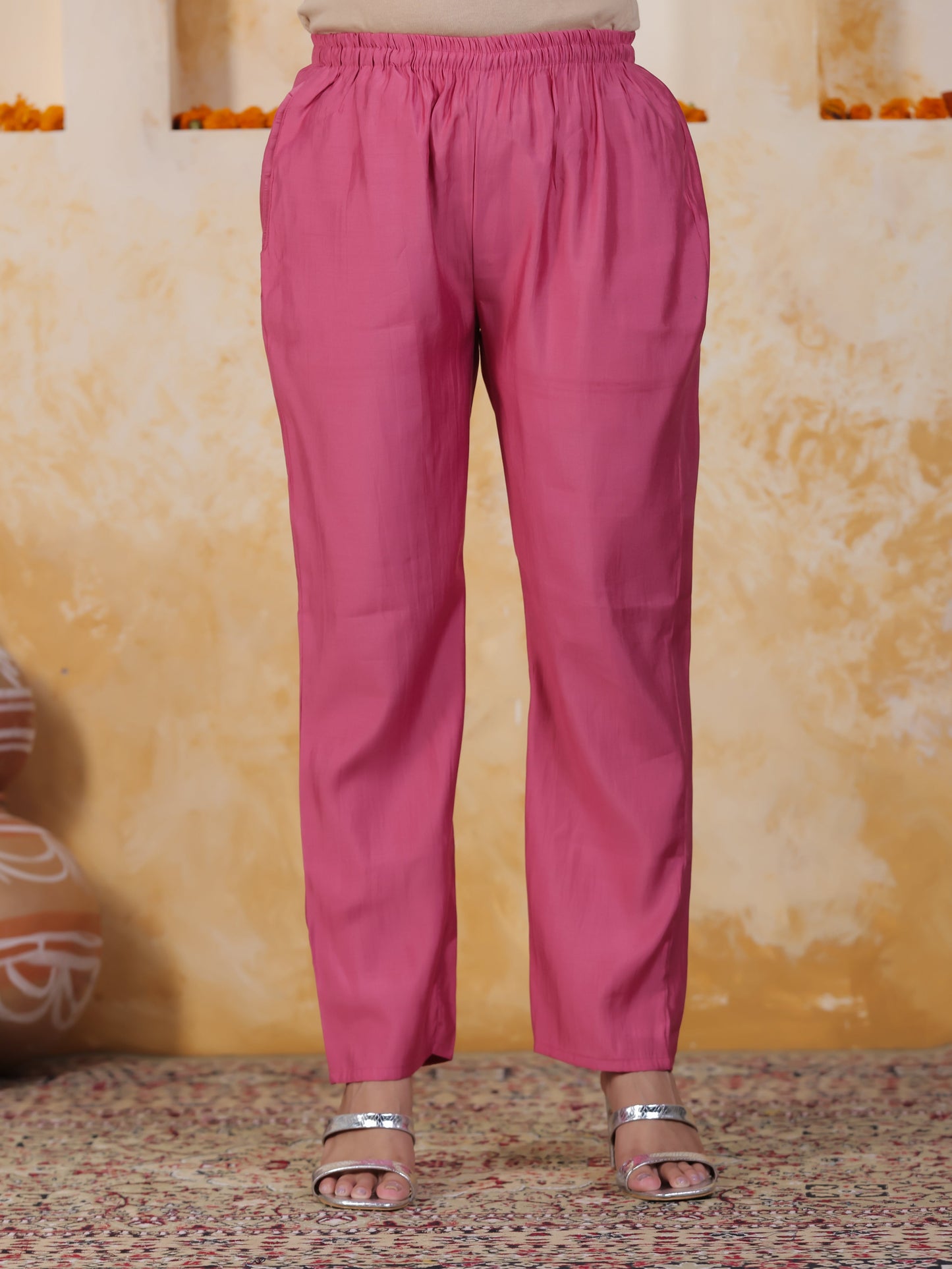 Mirror Work Pink Floral Cotton Blend Straight Kurta