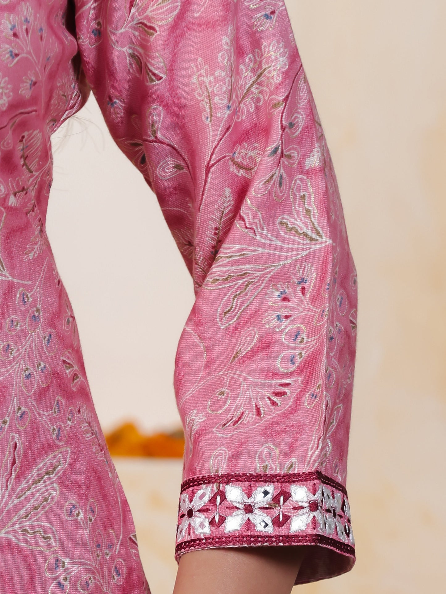 Mirror Work Pink Floral Cotton Blend Straight Kurta