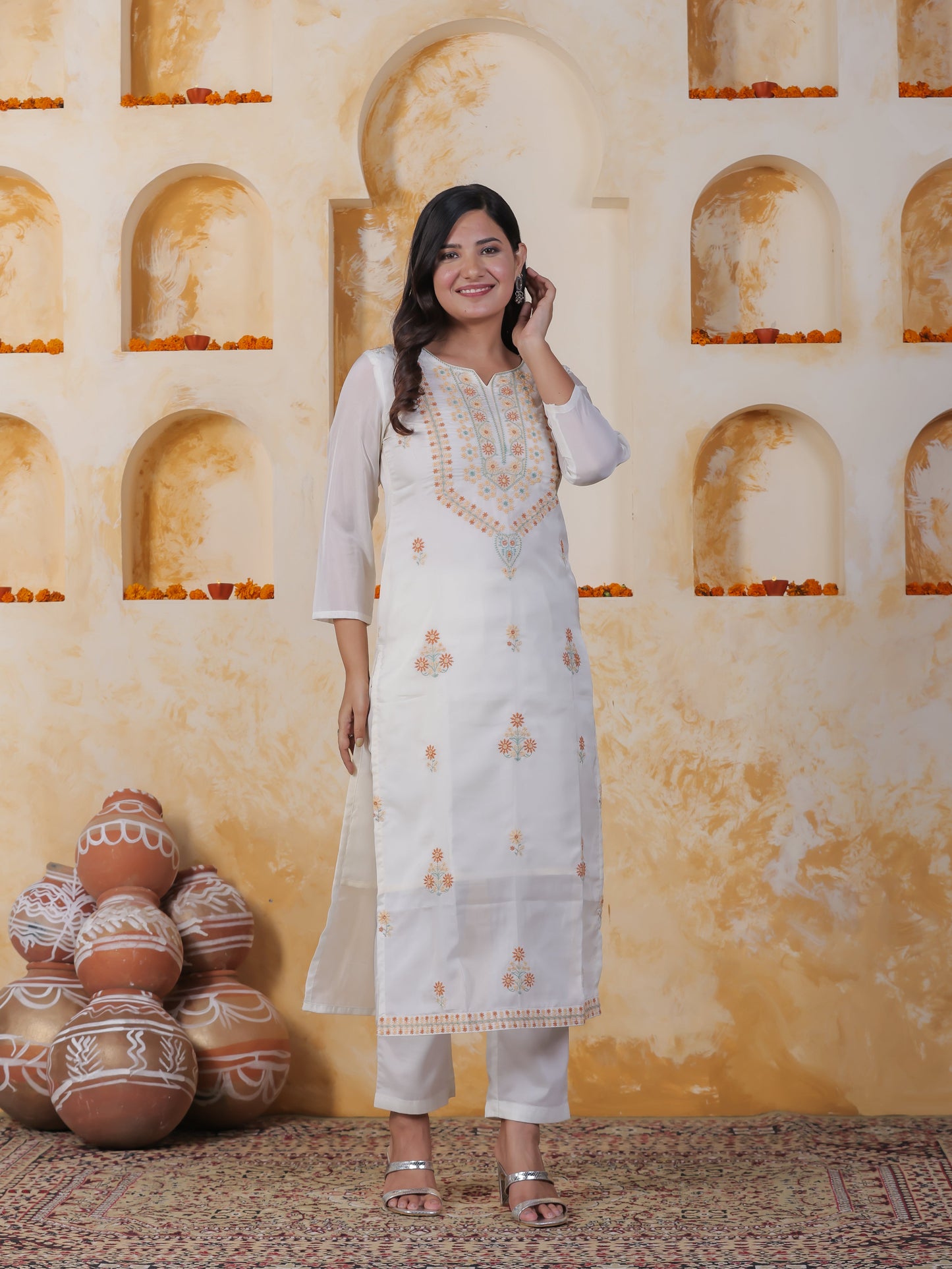 Embroidered White Organza Straight Kurta