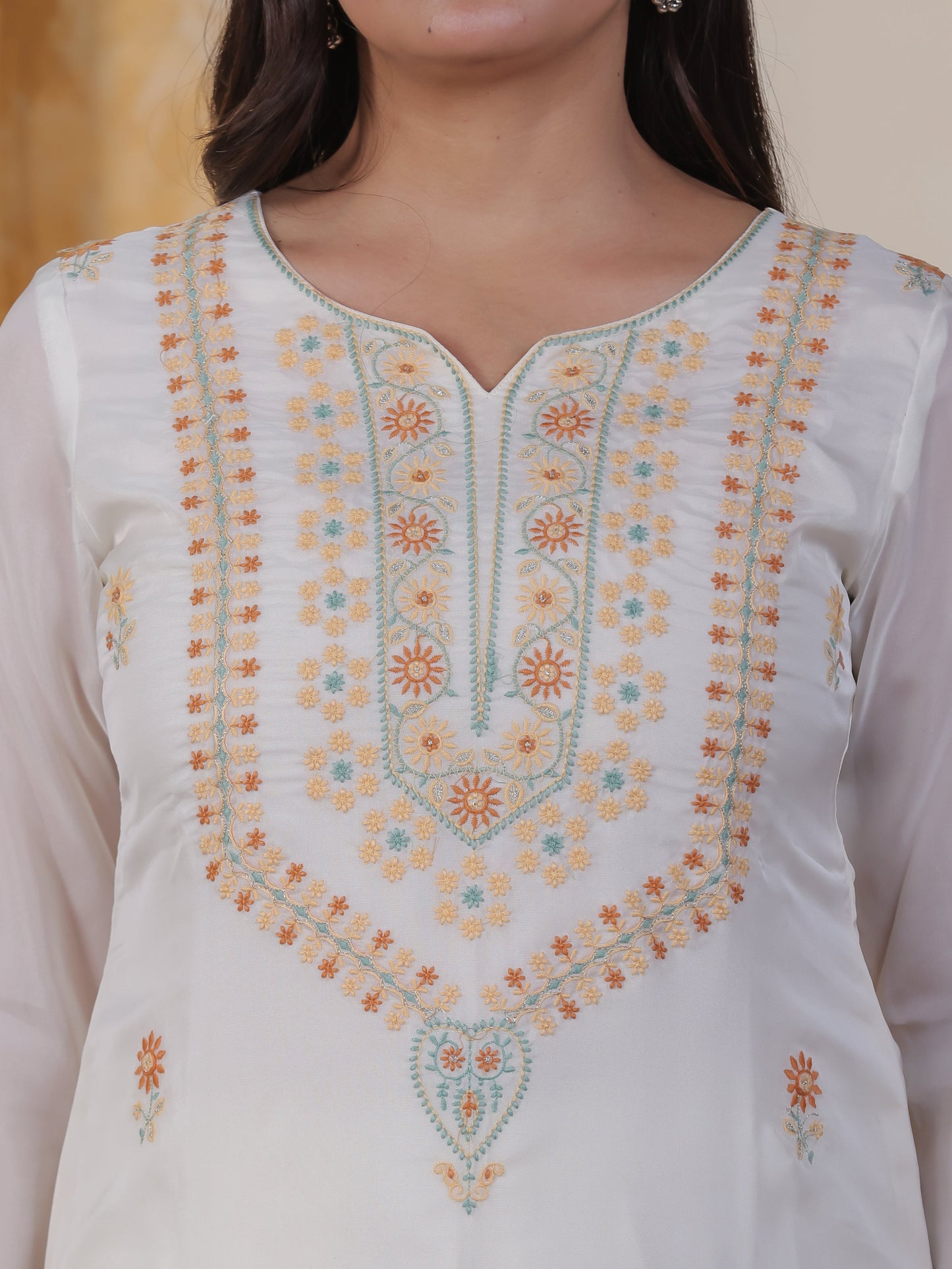Embroidered White Organza Straight Kurta