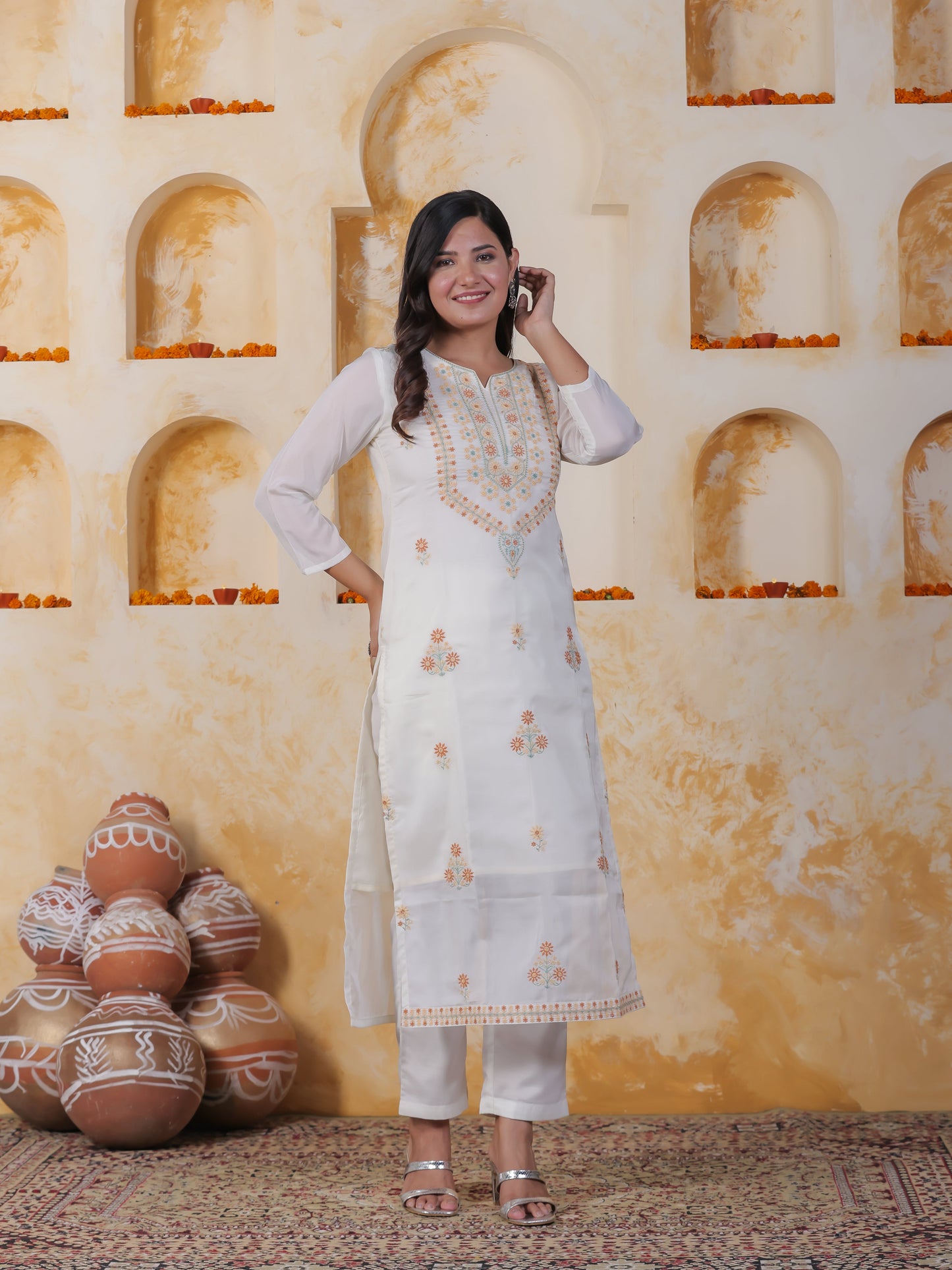 Embroidered White Organza Straight Kurta
