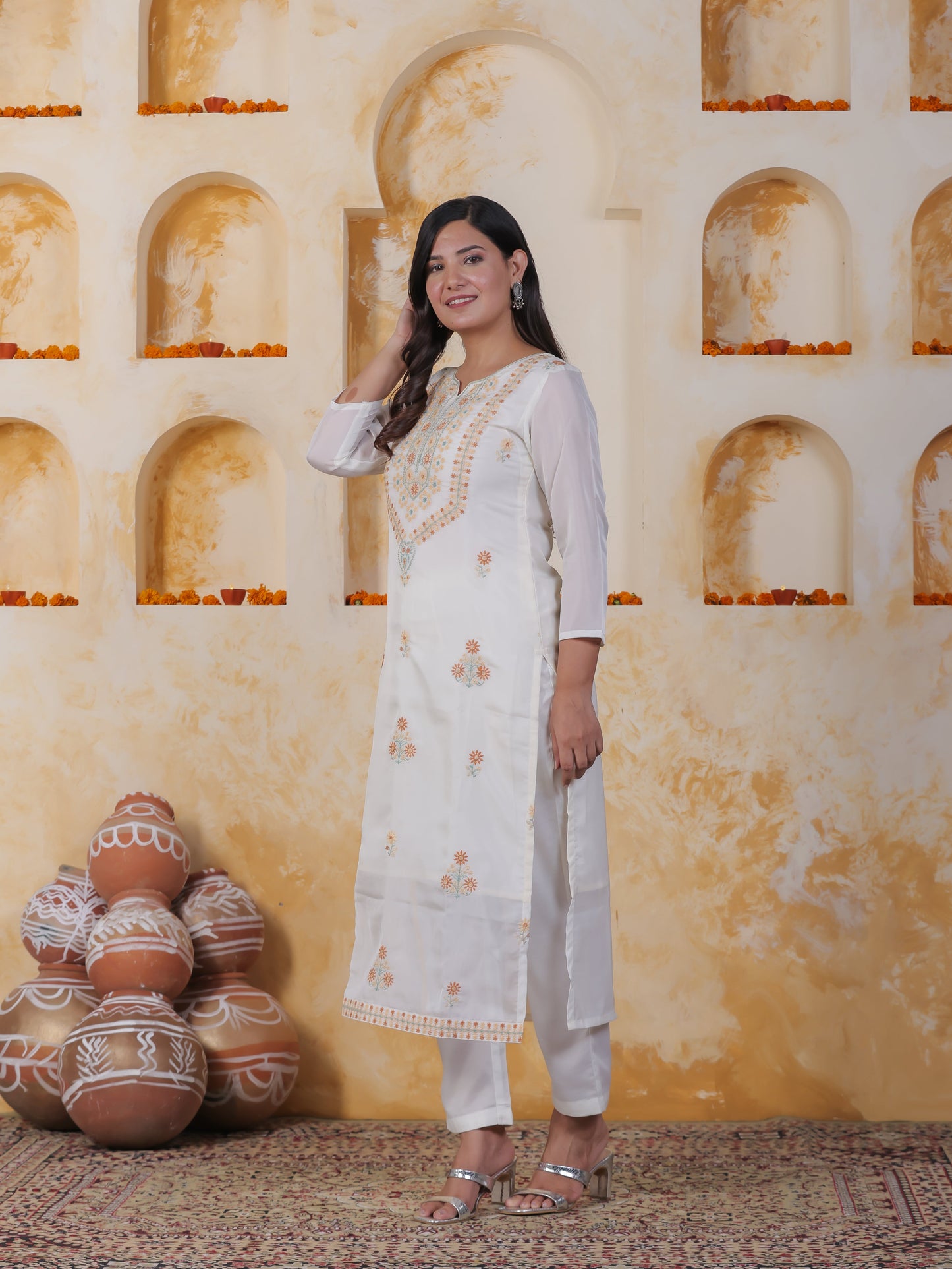 Embroidered White Organza Straight Kurta