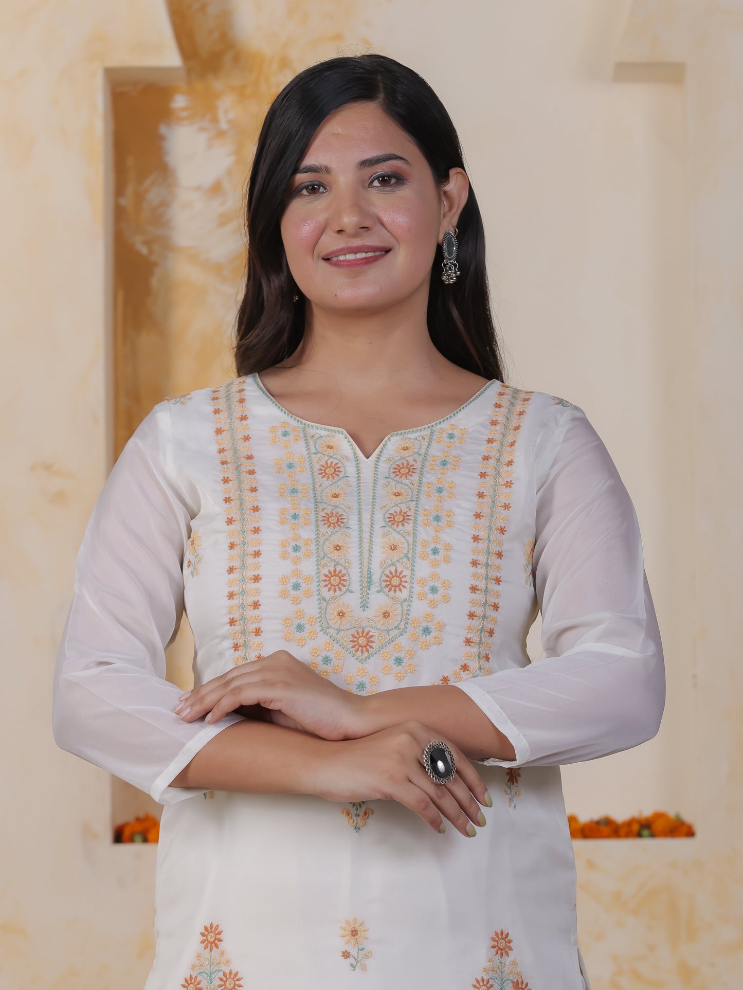 Embroidered White Organza Straight Kurta