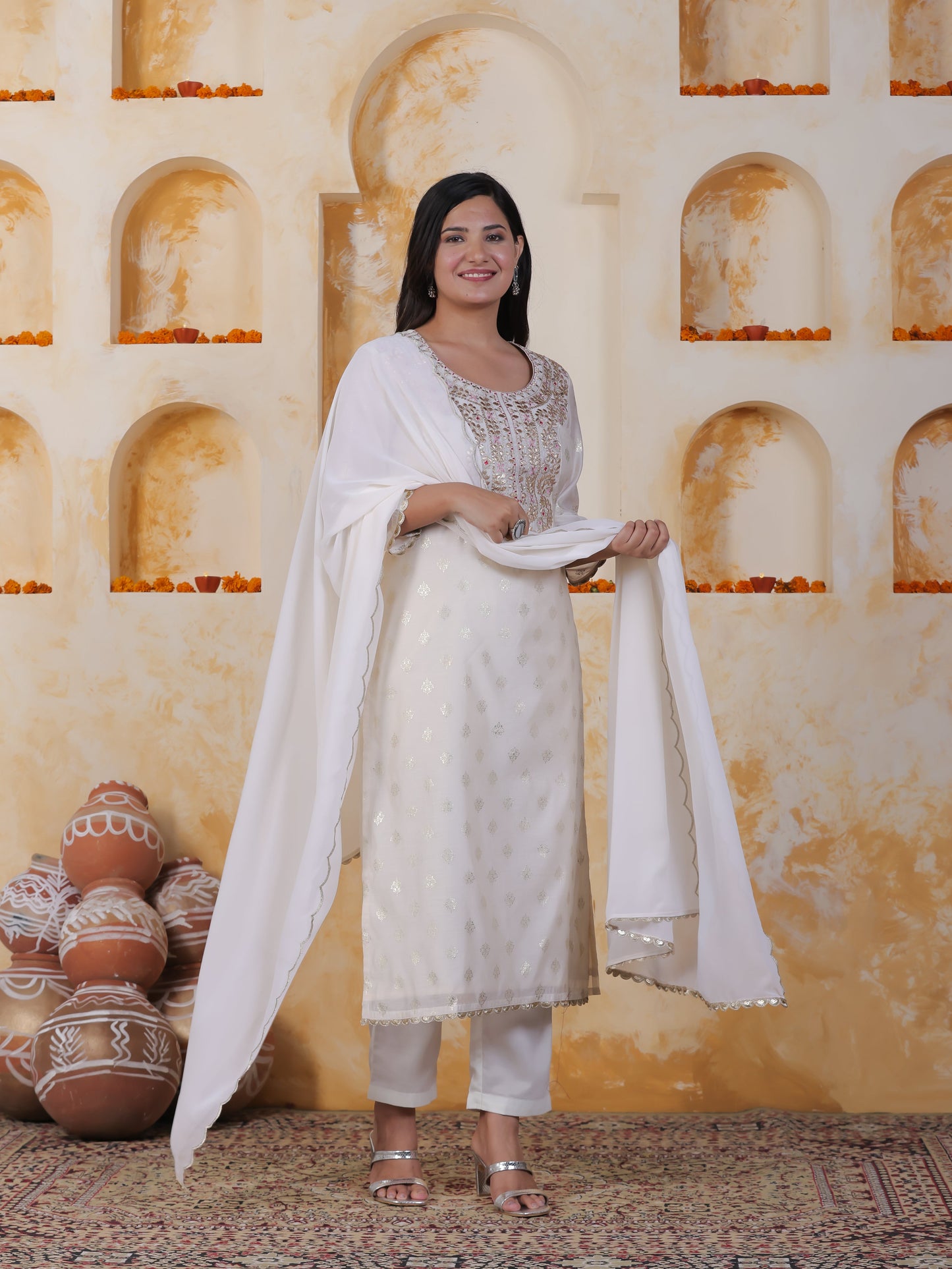 Hand work White Foil Chanderi Straight Kurta