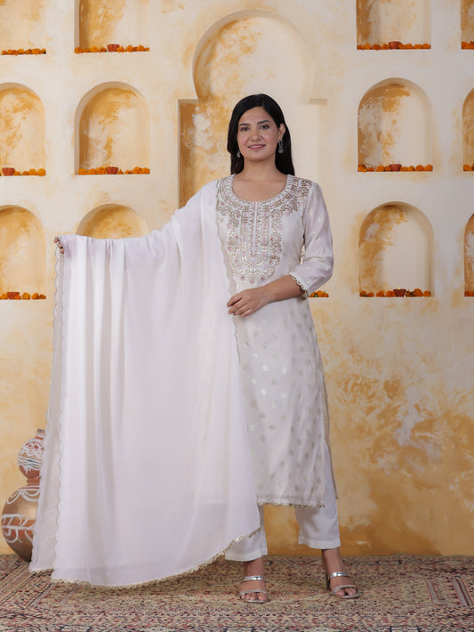 Hand work White Foil Chanderi Straight Kurta