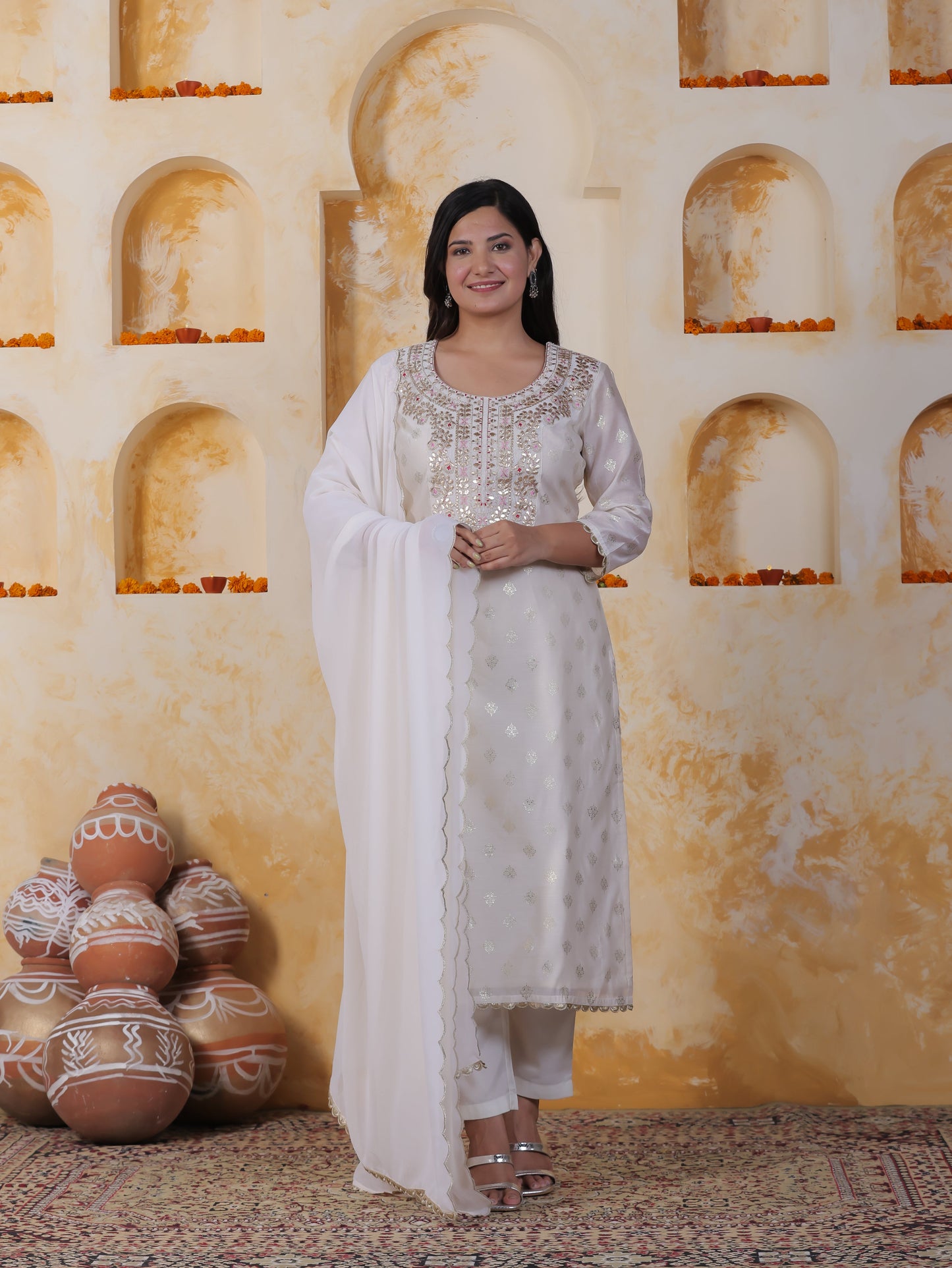 Hand work White Foil Chanderi Straight Kurta