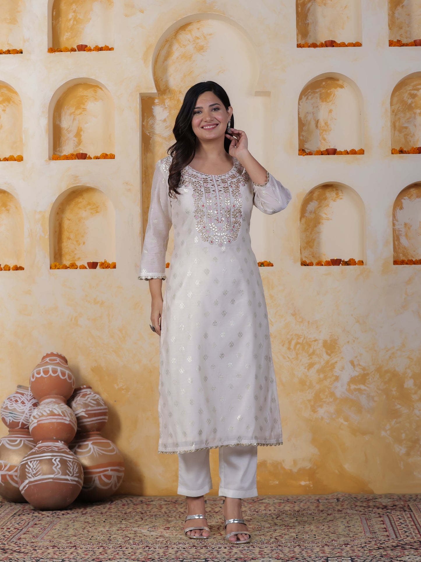 Hand work White Foil Chanderi Straight Kurta