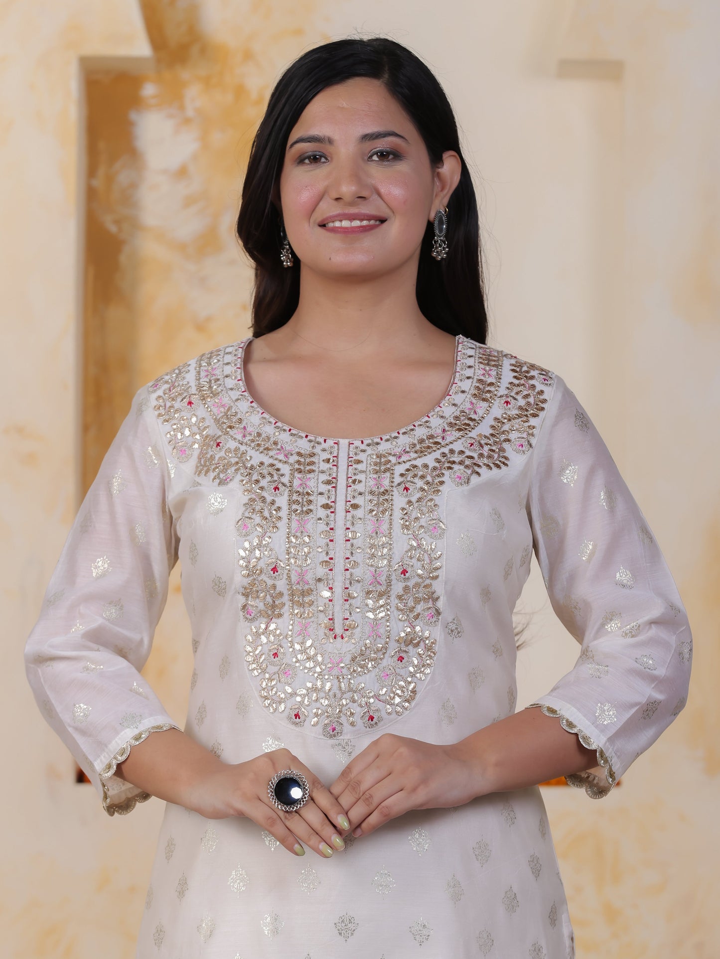 Hand work White Foil Chanderi Straight Kurta