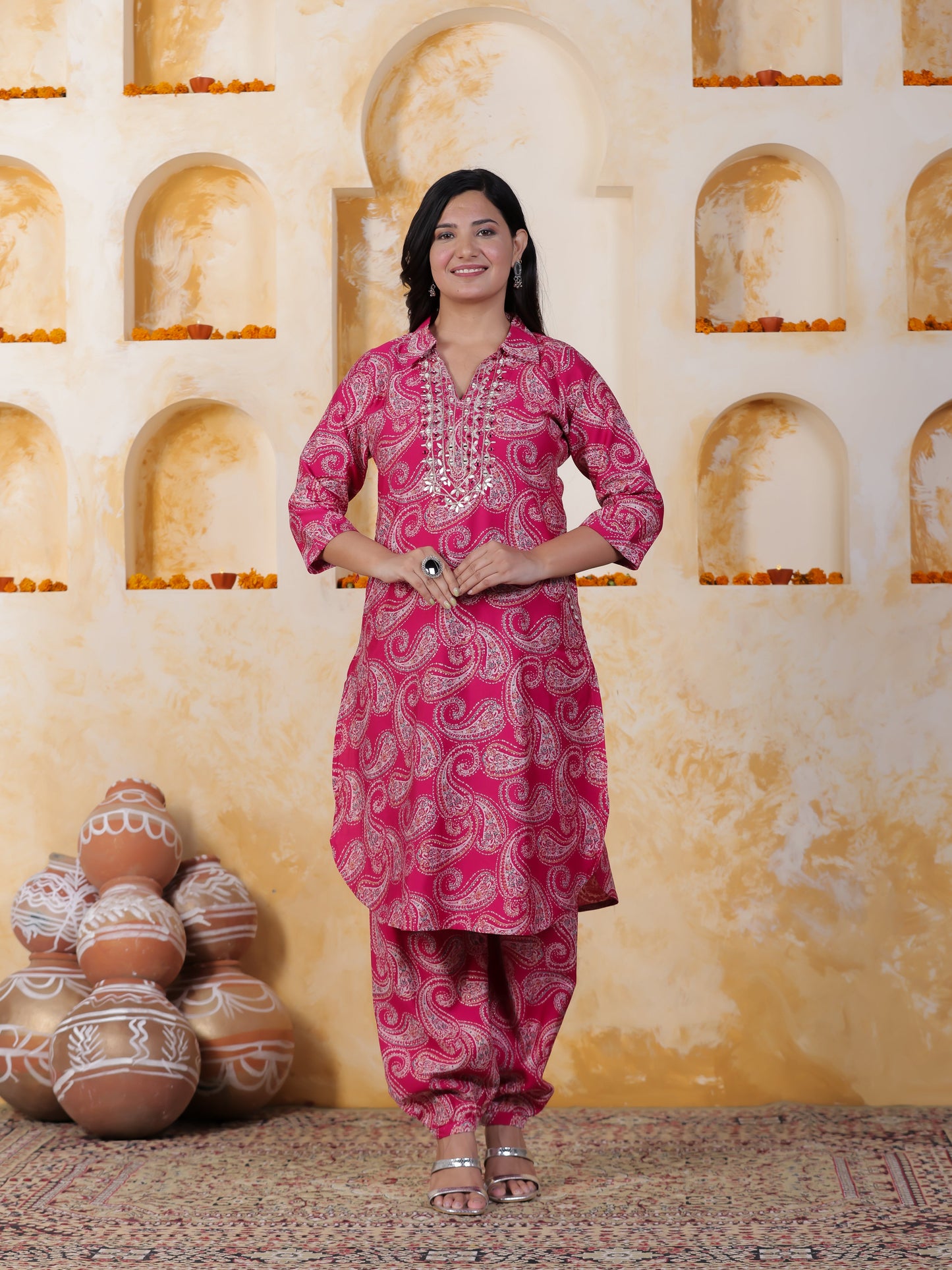 Mirror Work Pink Paisley Natural Cotton Apple cut Kurta