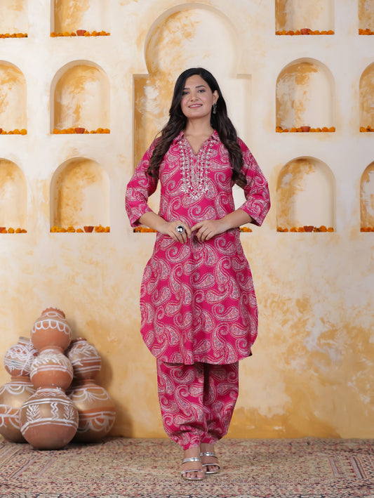 Mirror Work Pink Paisley Natural Cotton Apple cut Kurta