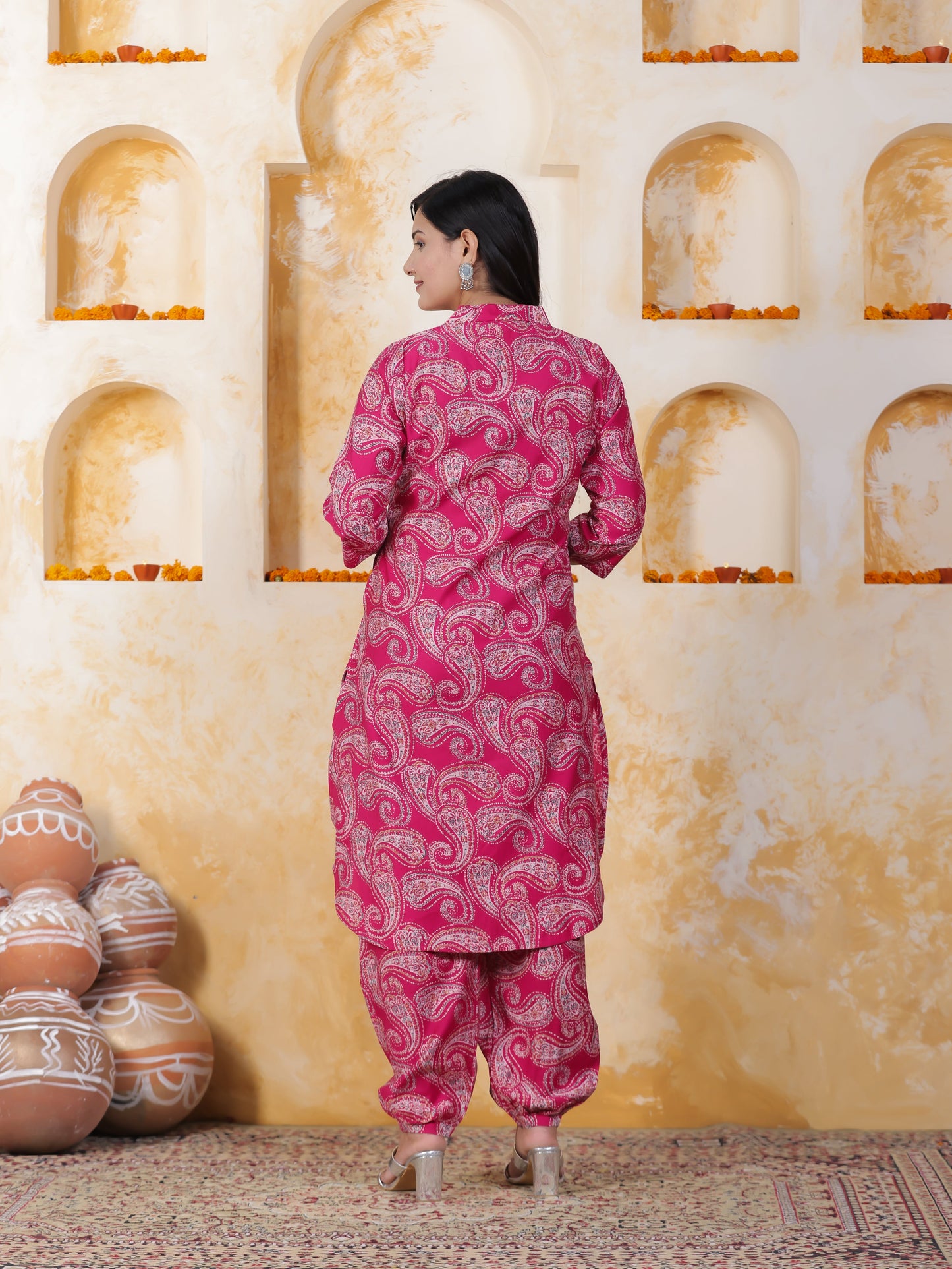 Mirror Work Pink Paisley Natural Cotton Apple cut Kurta