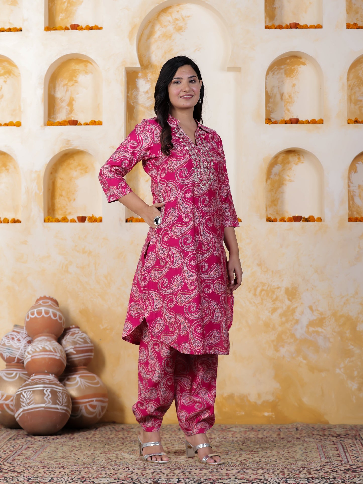 Mirror Work Pink Paisley Natural Cotton Apple cut Kurta