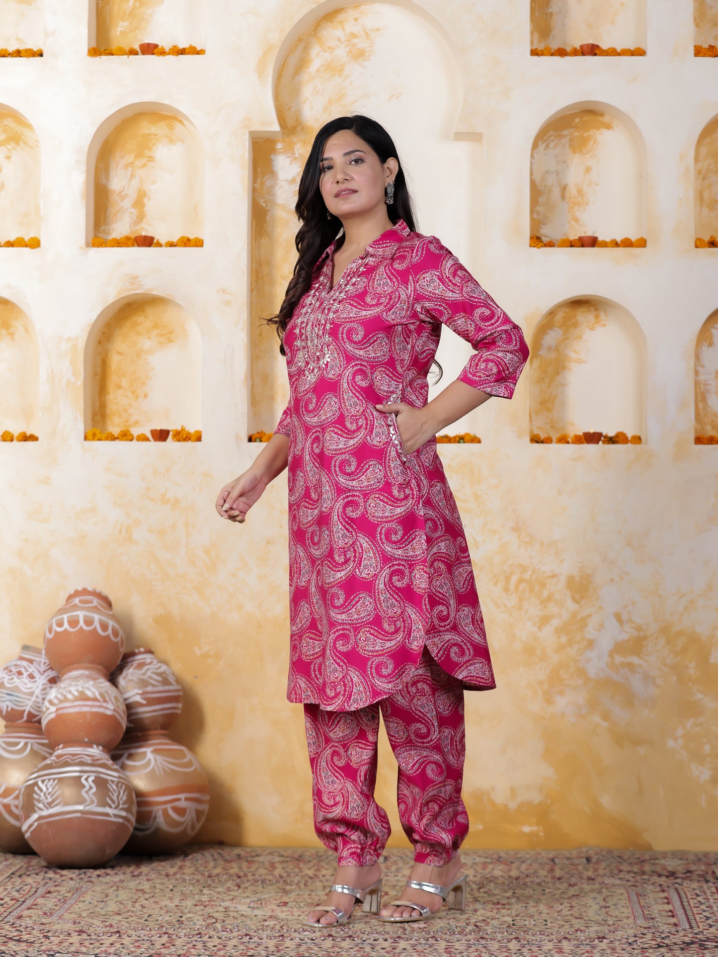Mirror Work Pink Paisley Natural Cotton Apple cut Kurta