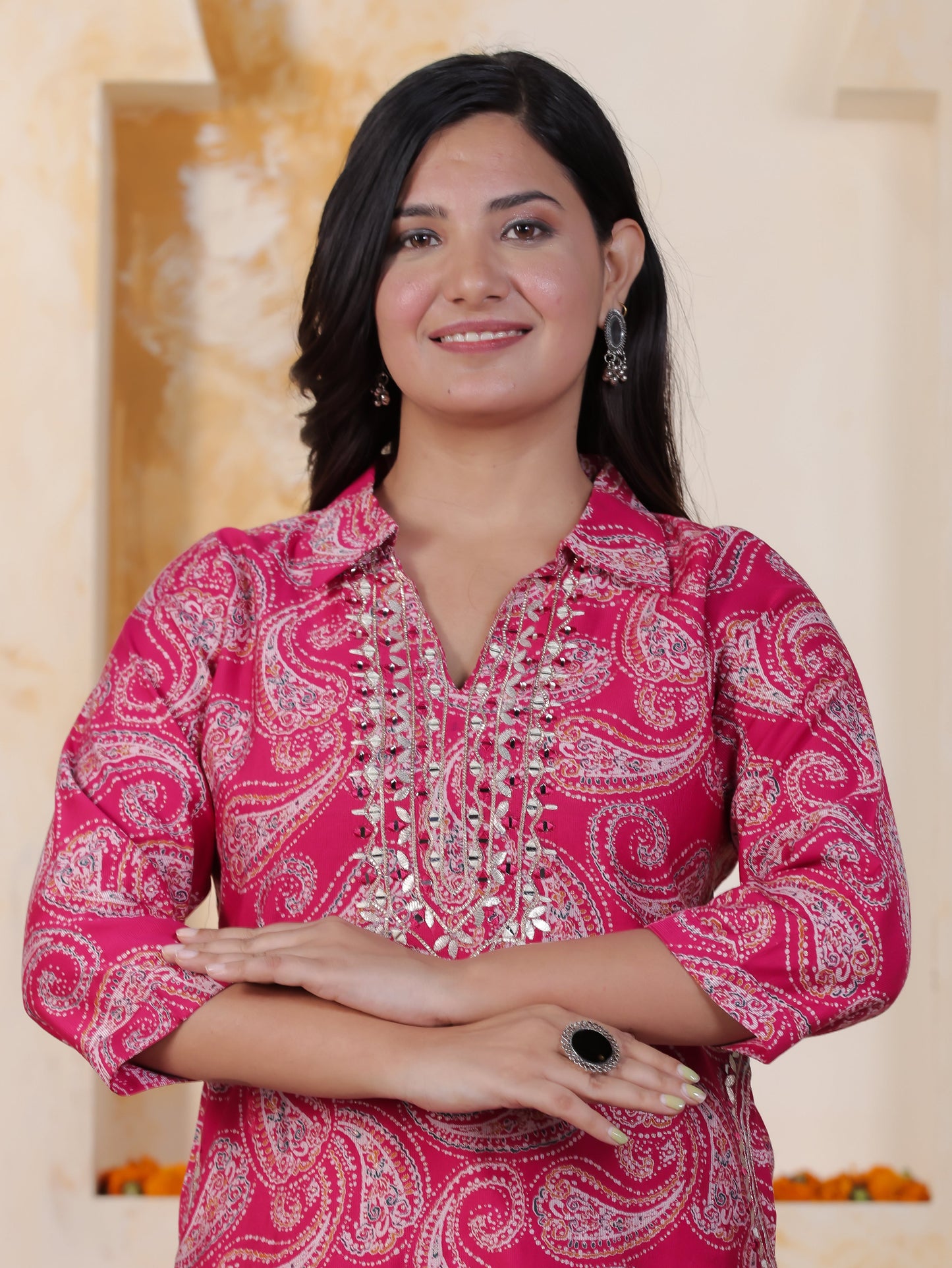 Mirror Work Pink Paisley Natural Cotton Apple cut Kurta