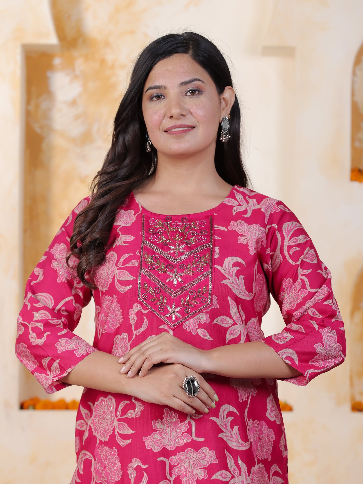 Hand work Pink AOP Poly Silk Straight Kurta