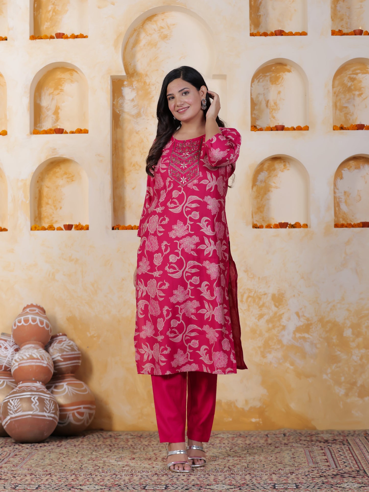 Hand work Pink AOP Poly Silk Straight Kurta