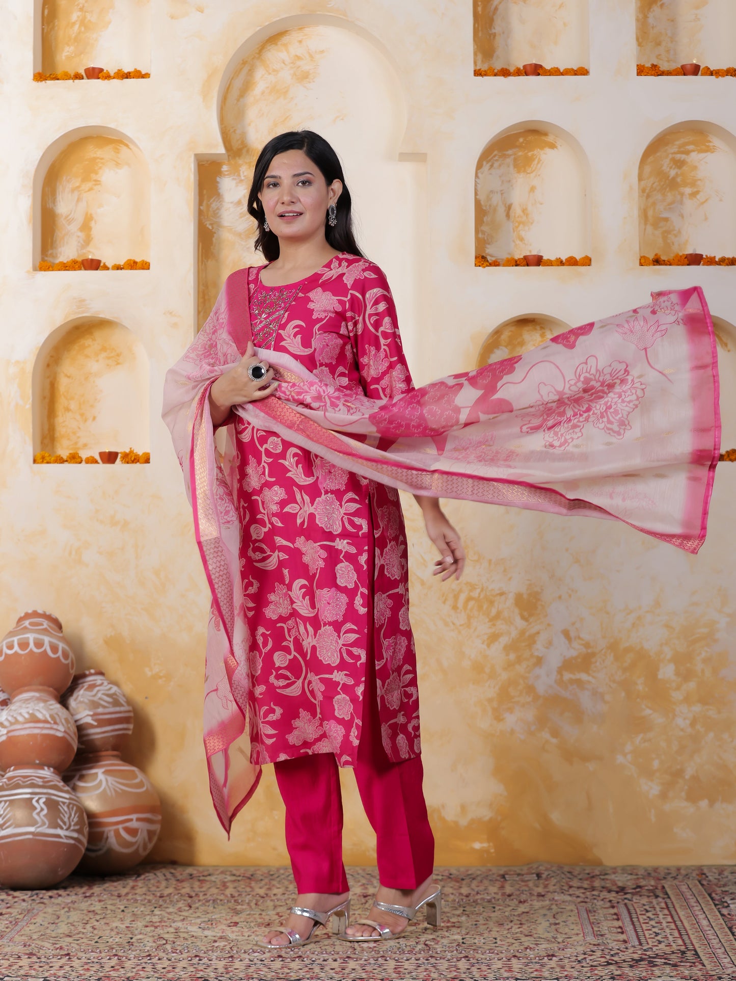 Hand work Pink AOP Poly Silk Straight Kurta