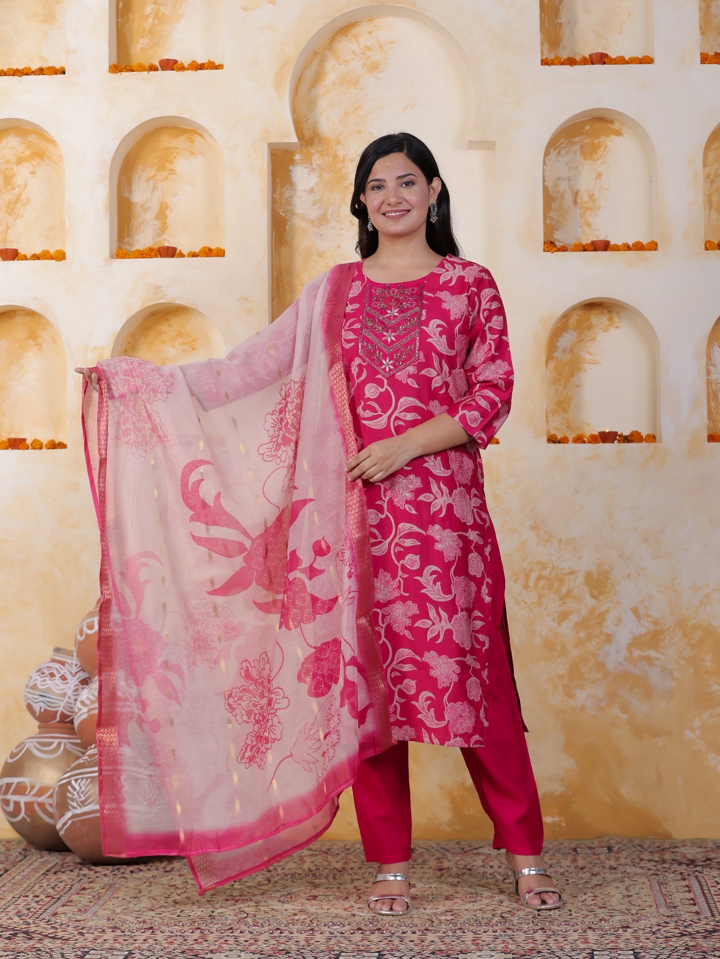 Hand work Pink AOP Poly Silk Straight Kurta