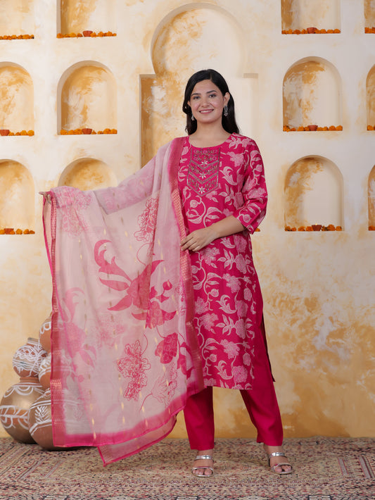 Hand work Pink AOP Poly Silk Straight Kurta