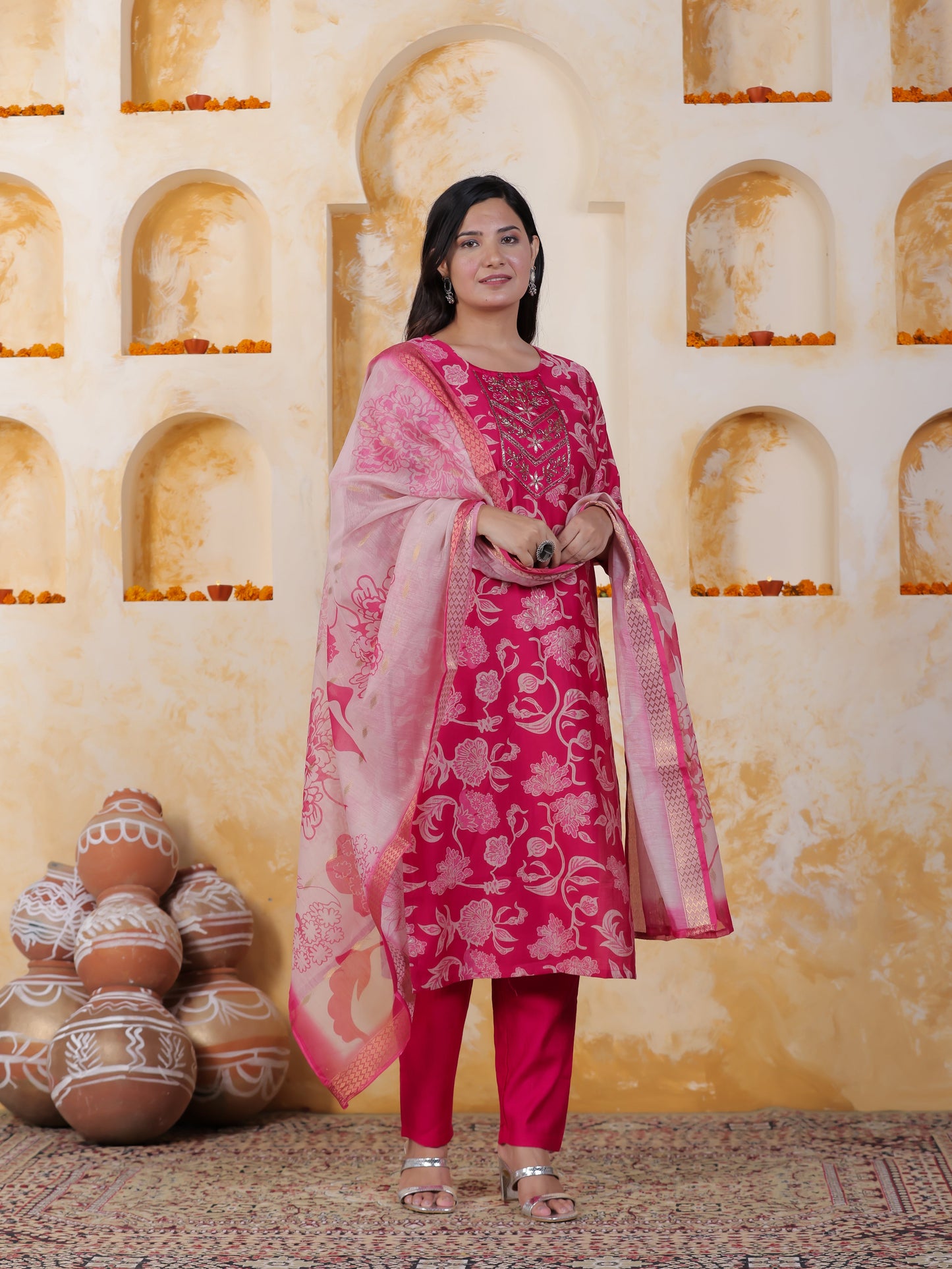 Hand work Pink AOP Poly Silk Straight Kurta
