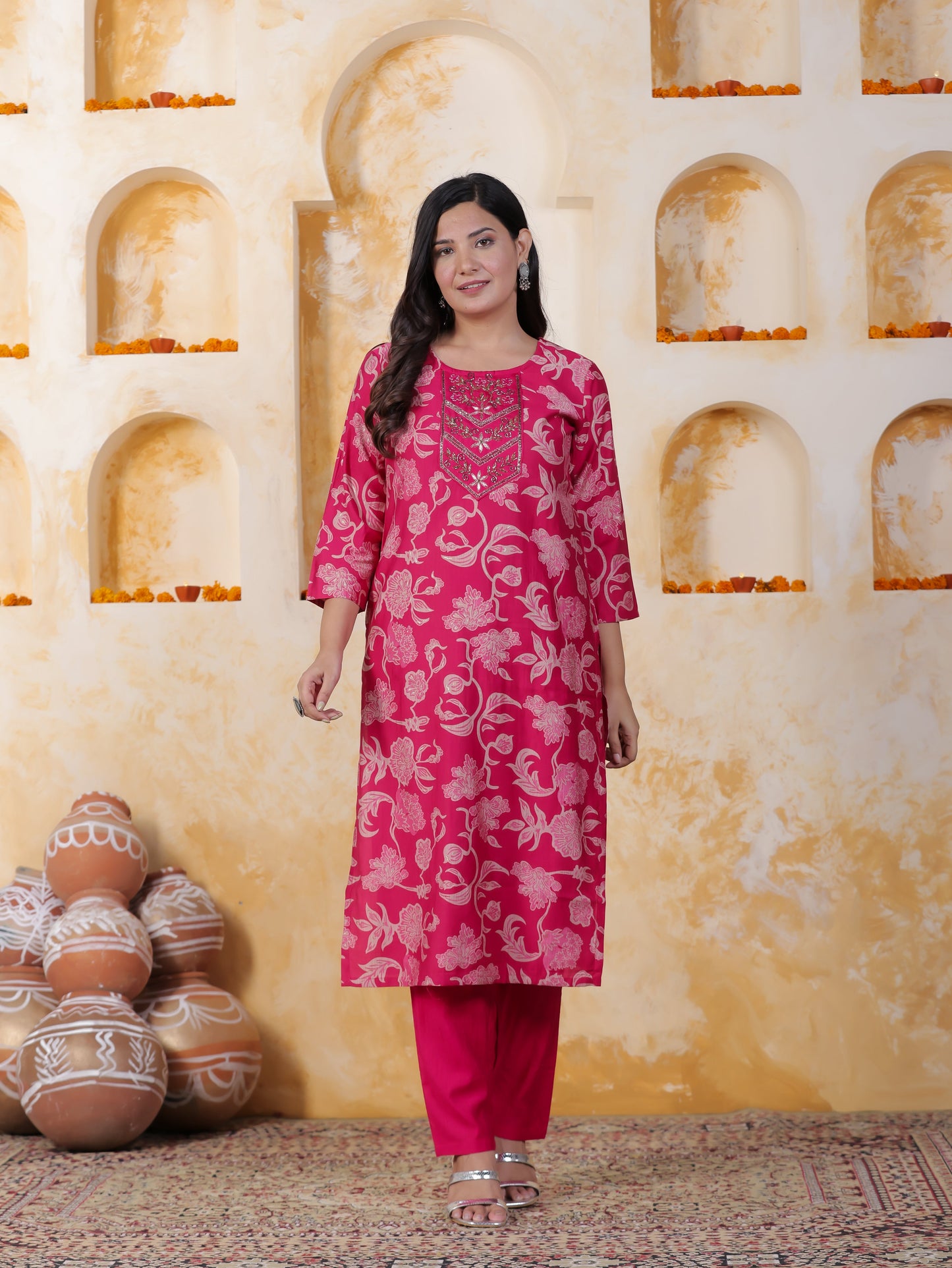 Hand work Pink AOP Poly Silk Straight Kurta