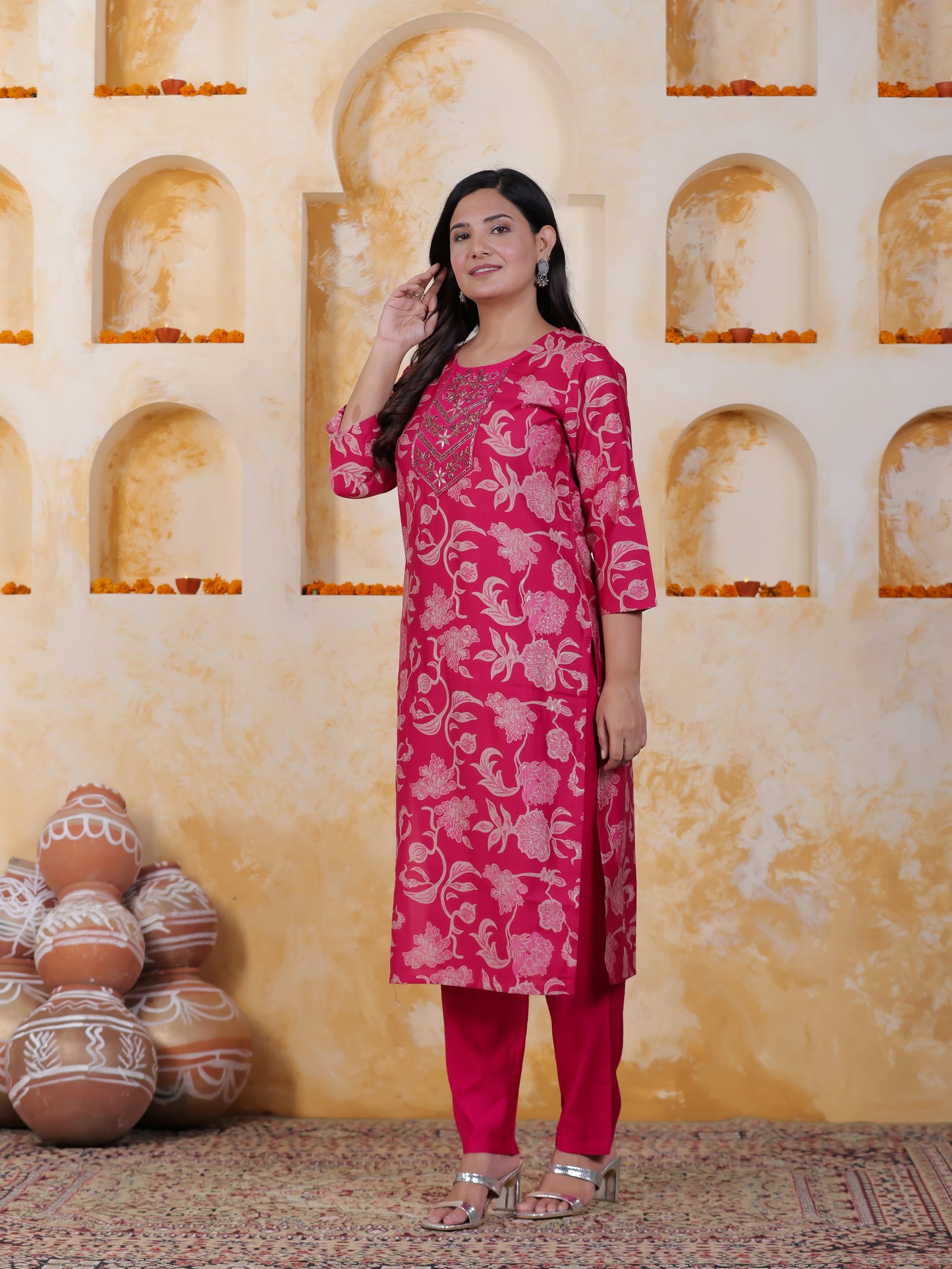 Hand work Pink AOP Poly Silk Straight Kurta